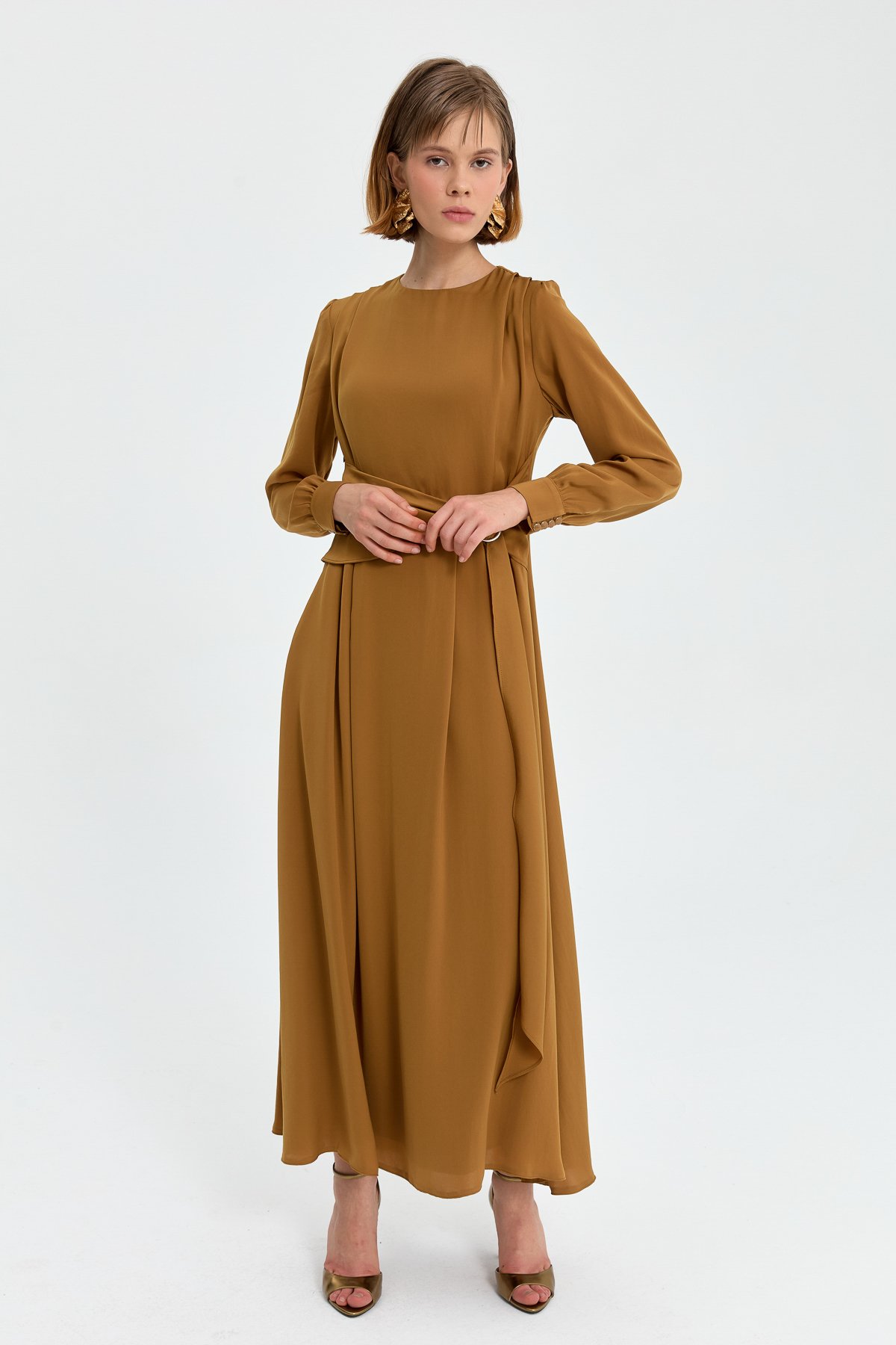 NİHAN Elbise Nihan Kuşak Detaylı Elbise  Camel_modest