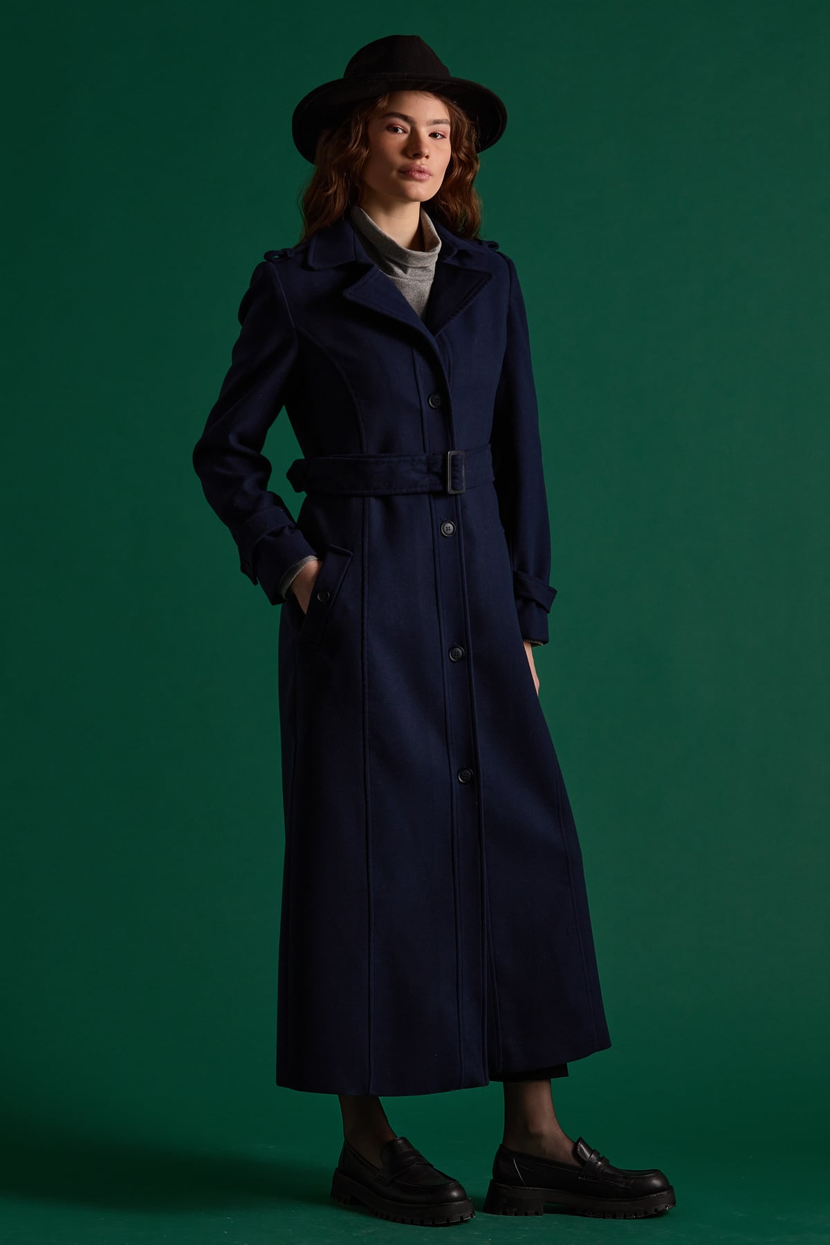 NİHAN Long Coat Nihan Kuşaklı Manto  Lacivert_modest