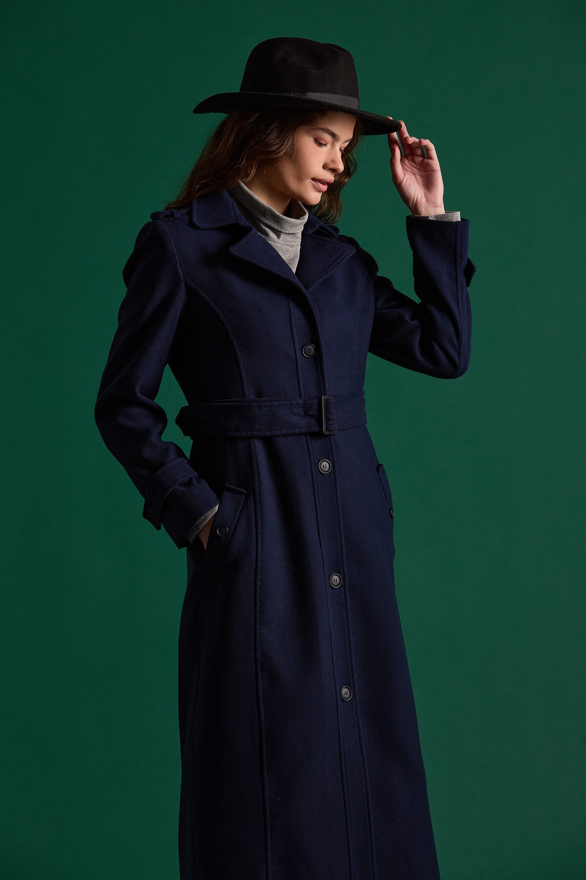 NİHAN Long Coat Nihan Kuşaklı Manto  Lacivert_modest
