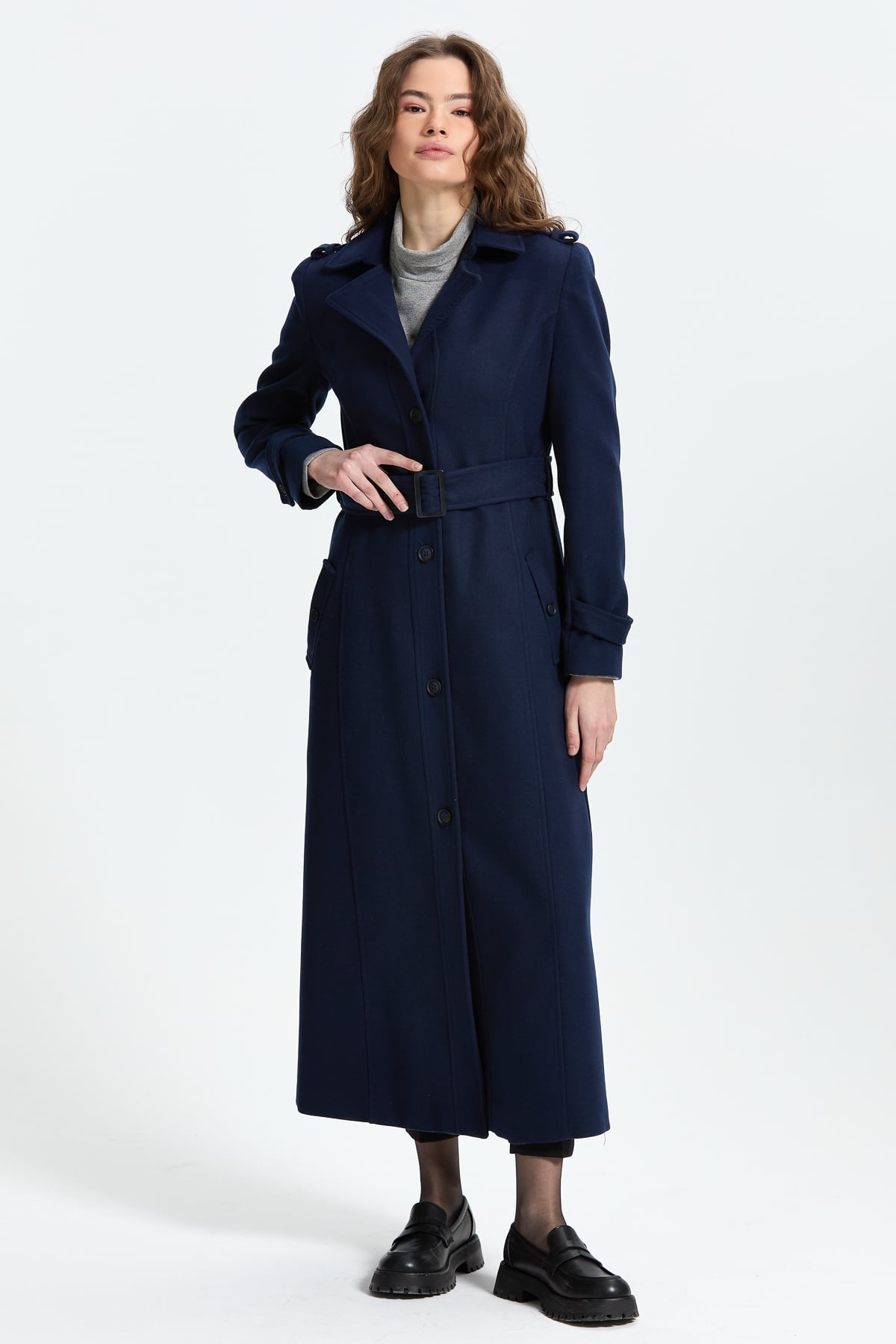 NİHAN Long Coat Nihan Kuşaklı Manto  Lacivert_modest
