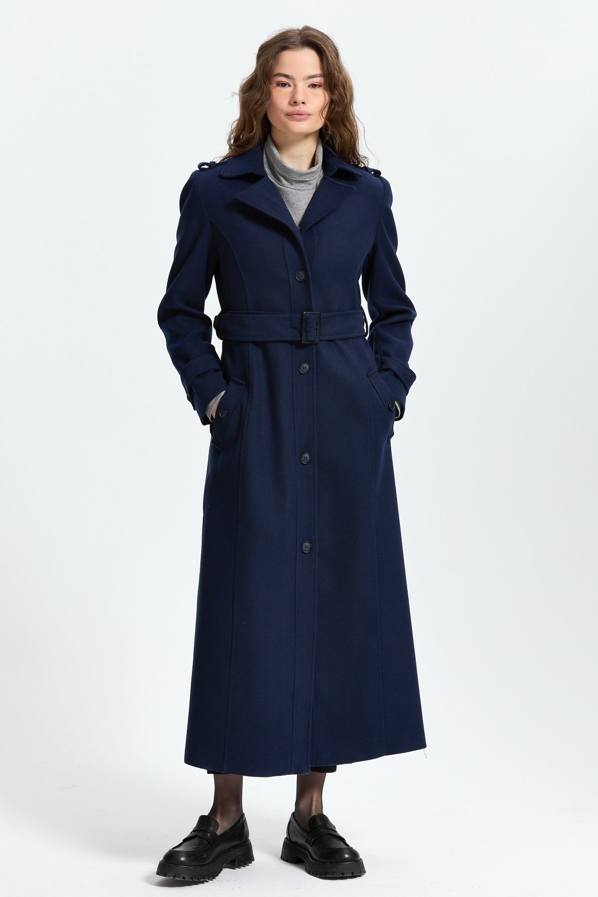 NİHAN Long Coat Nihan Kuşaklı Manto  Lacivert_modest