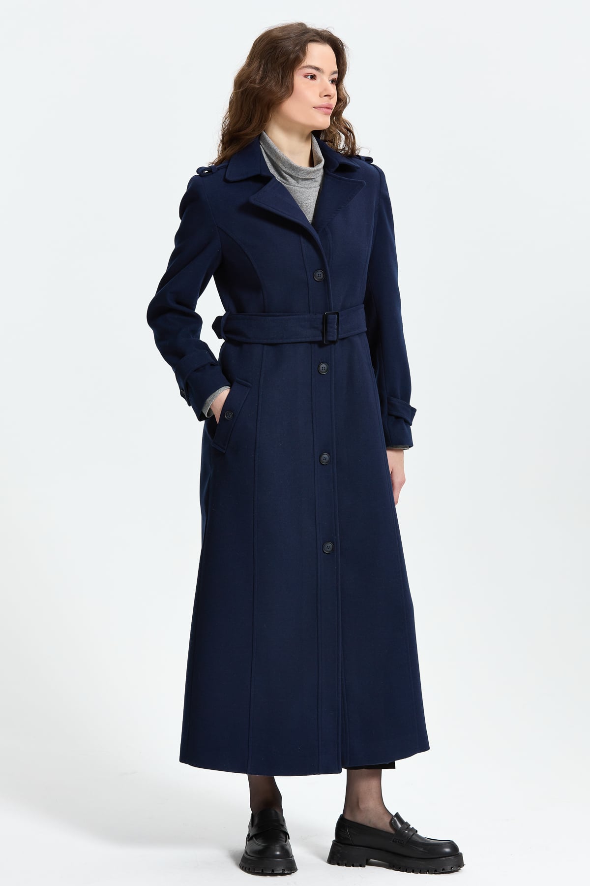 NİHAN Long Coat Nihan Kuşaklı Manto  Lacivert_modest
