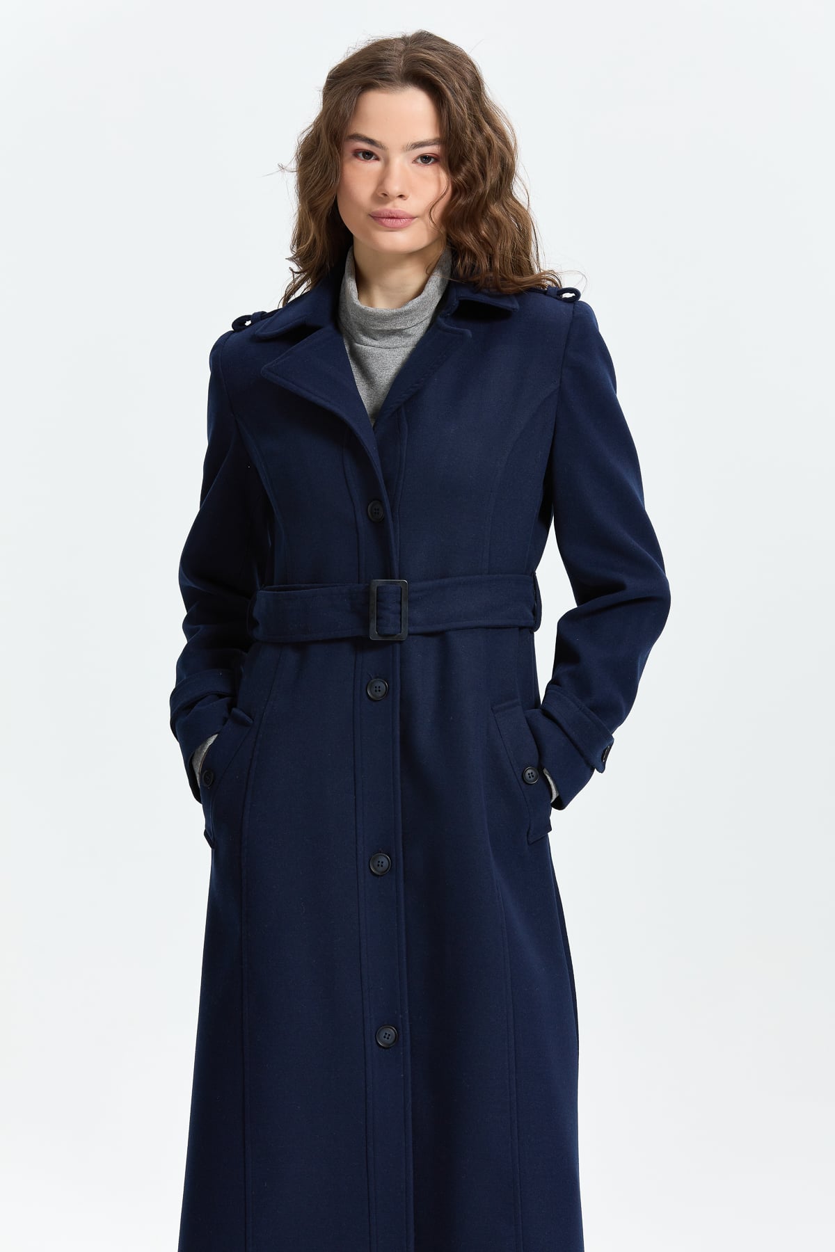 NİHAN Long Coat Nihan Kuşaklı Manto  Lacivert_modest