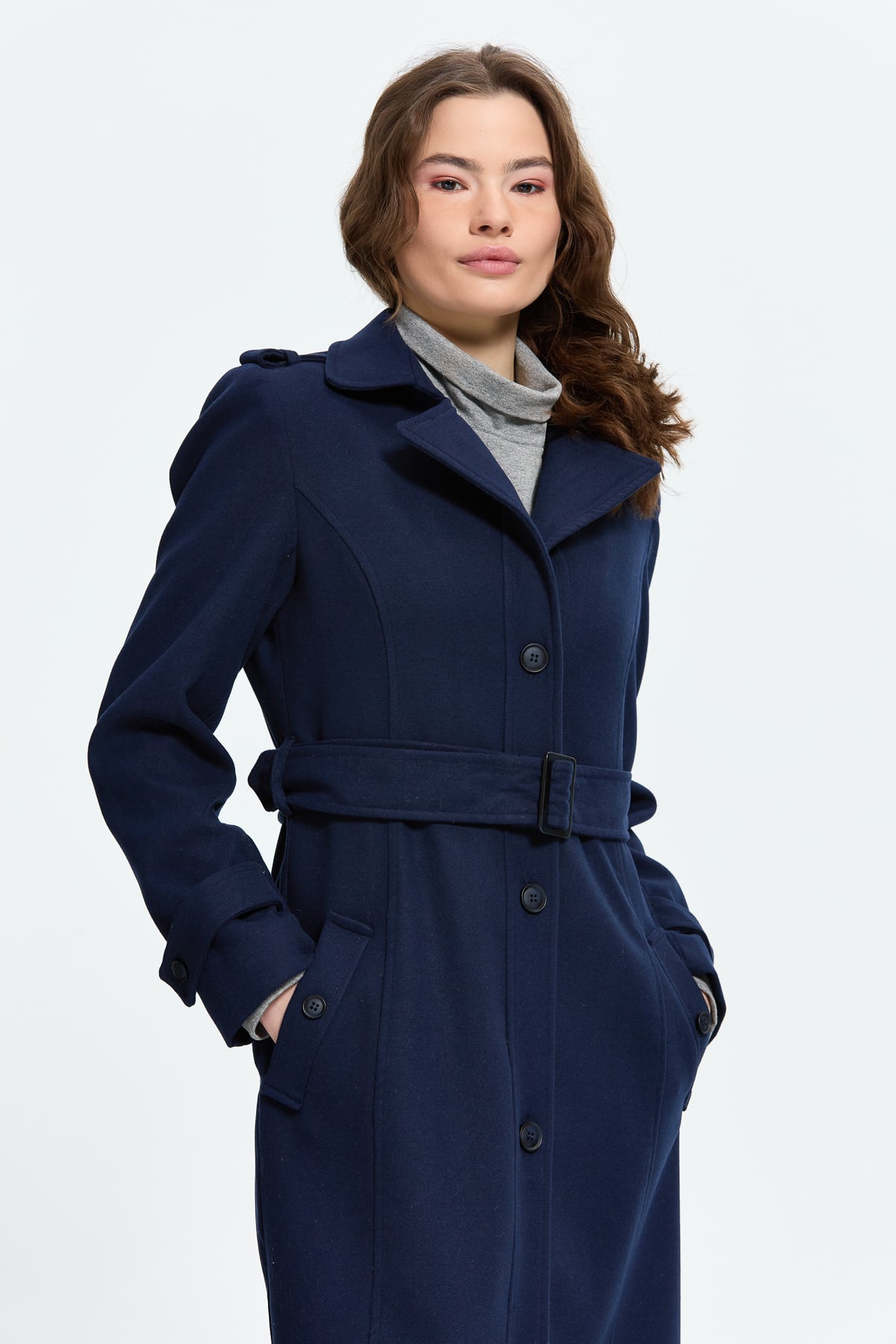 NİHAN Long Coat Nihan Kuşaklı Manto  Lacivert_modest