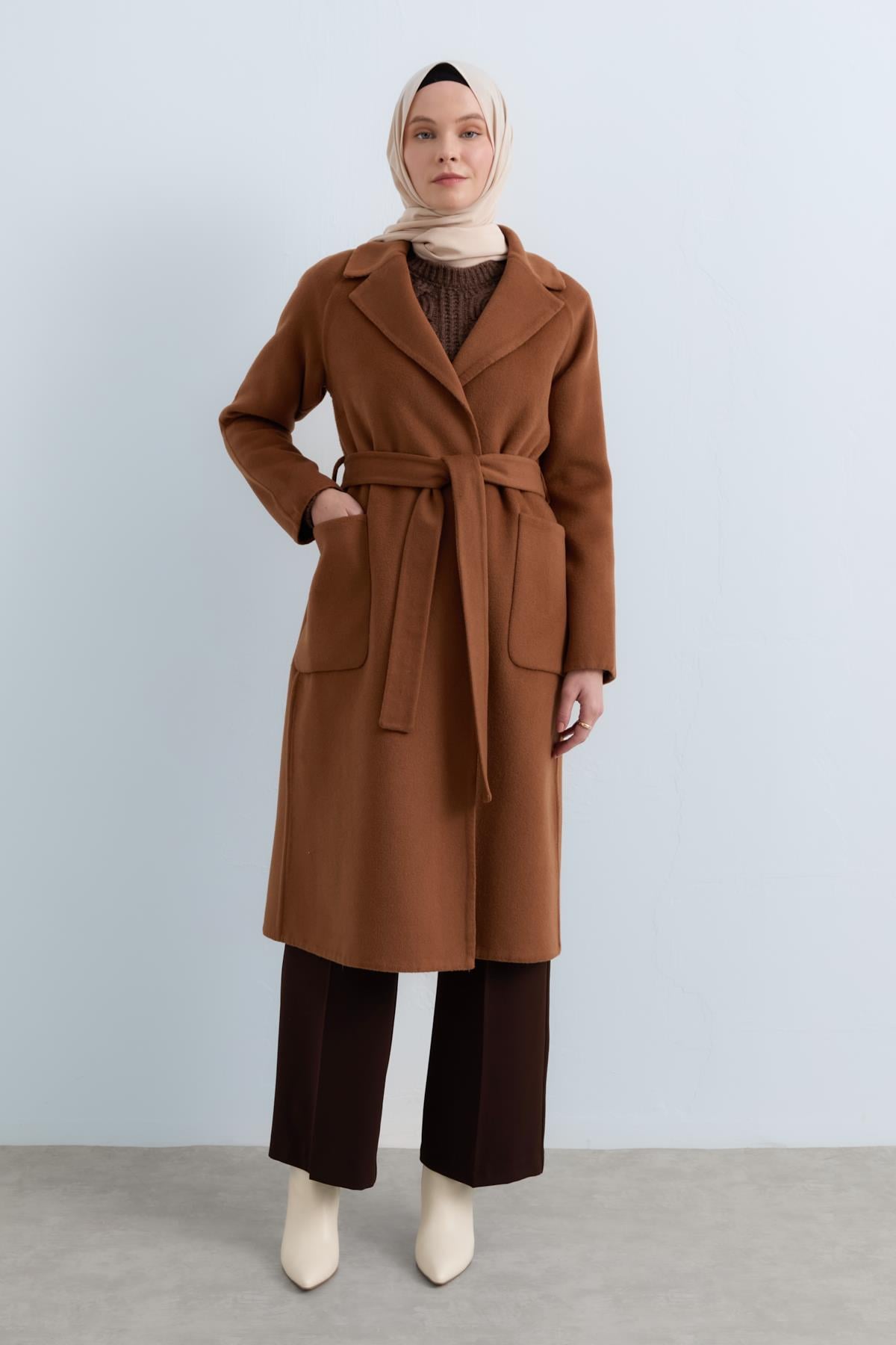 NİHAN Coat Nihan Kuşaklı Torba Cepli Kaşmir Kaban  Kahve_modest