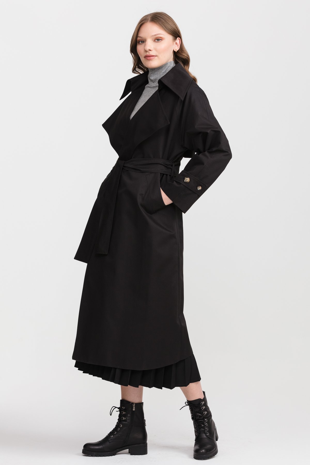 NİHAN Trench Coat Nihan Kuşaklı Trençkot  Siyah_modest