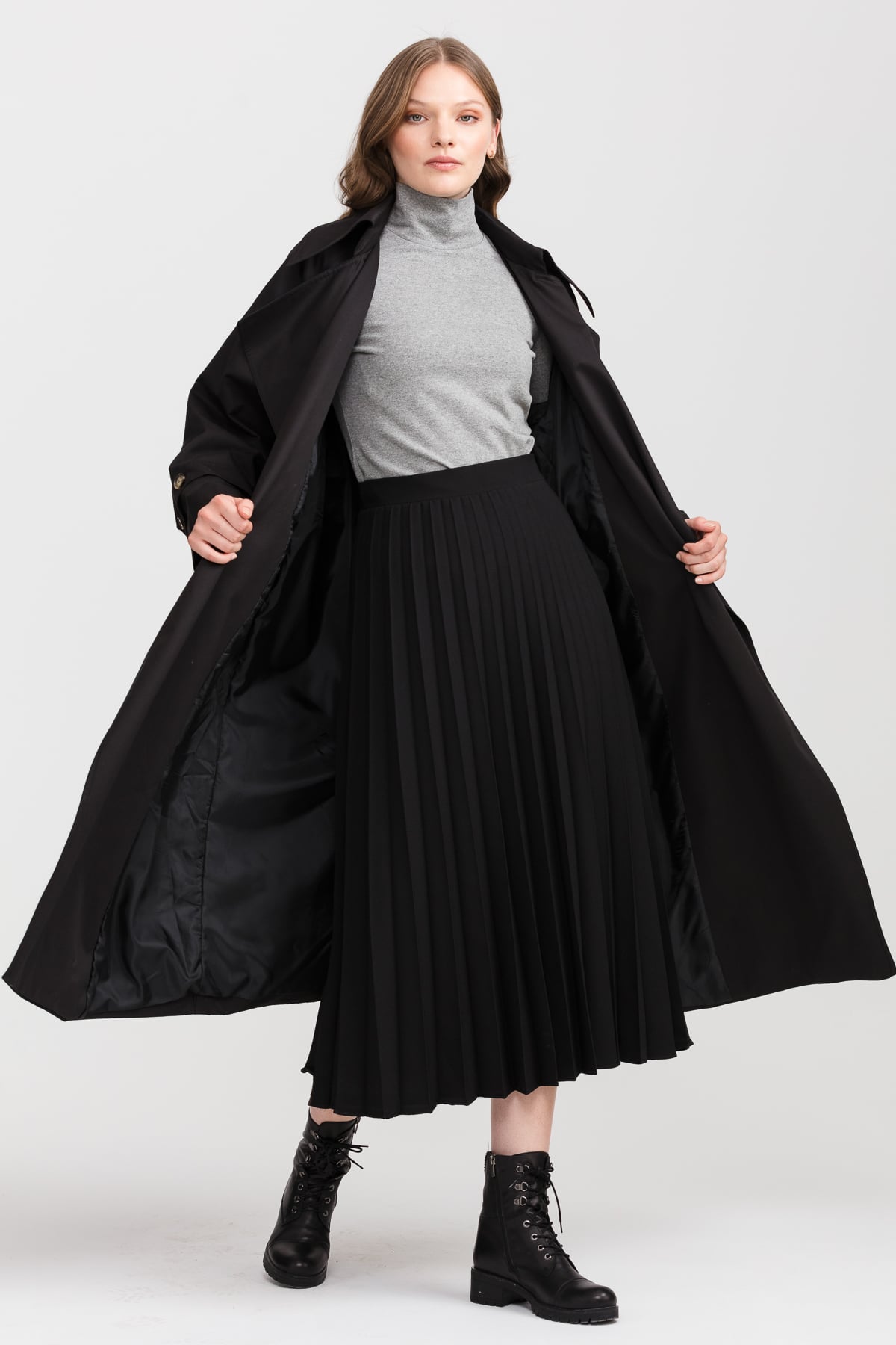 NİHAN Trench Coat Nihan Kuşaklı Trençkot  Siyah_modest