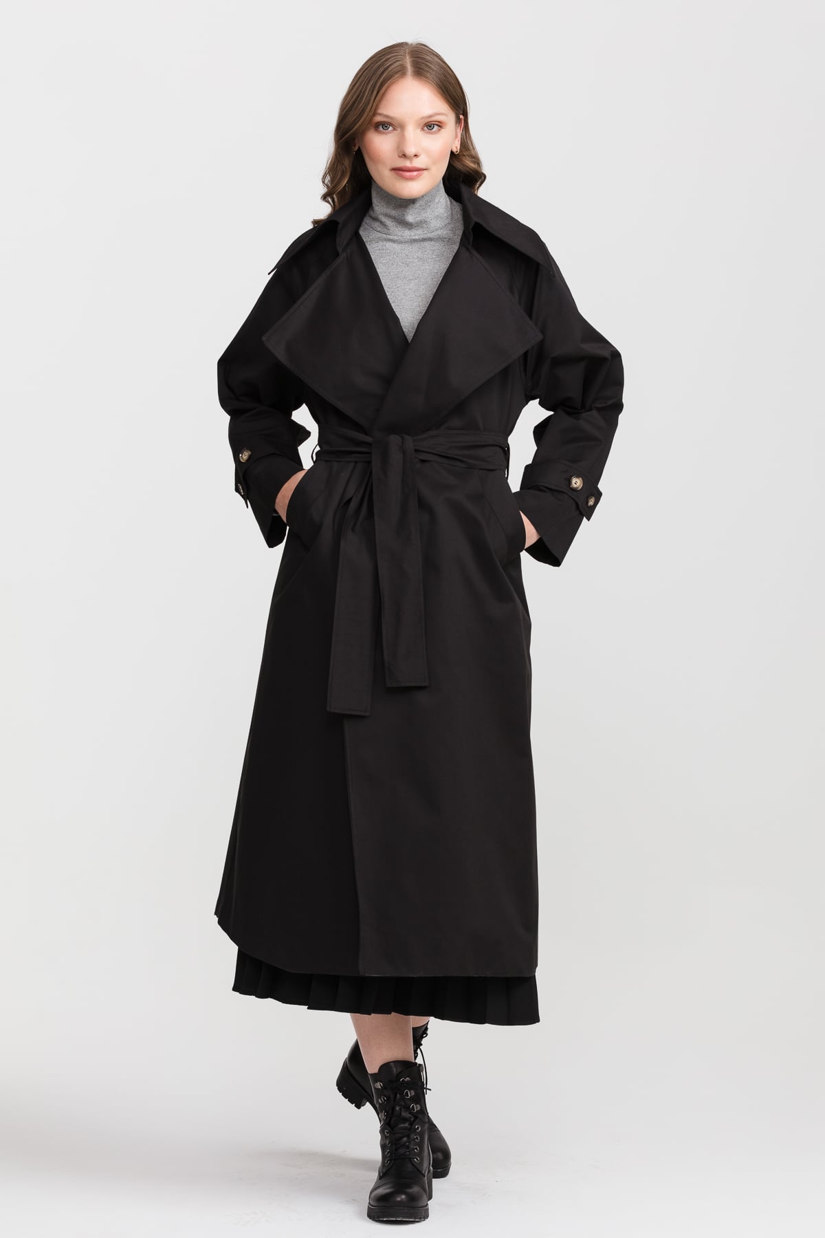 NİHAN Trench Coat Nihan Kuşaklı Trençkot  Siyah_modest