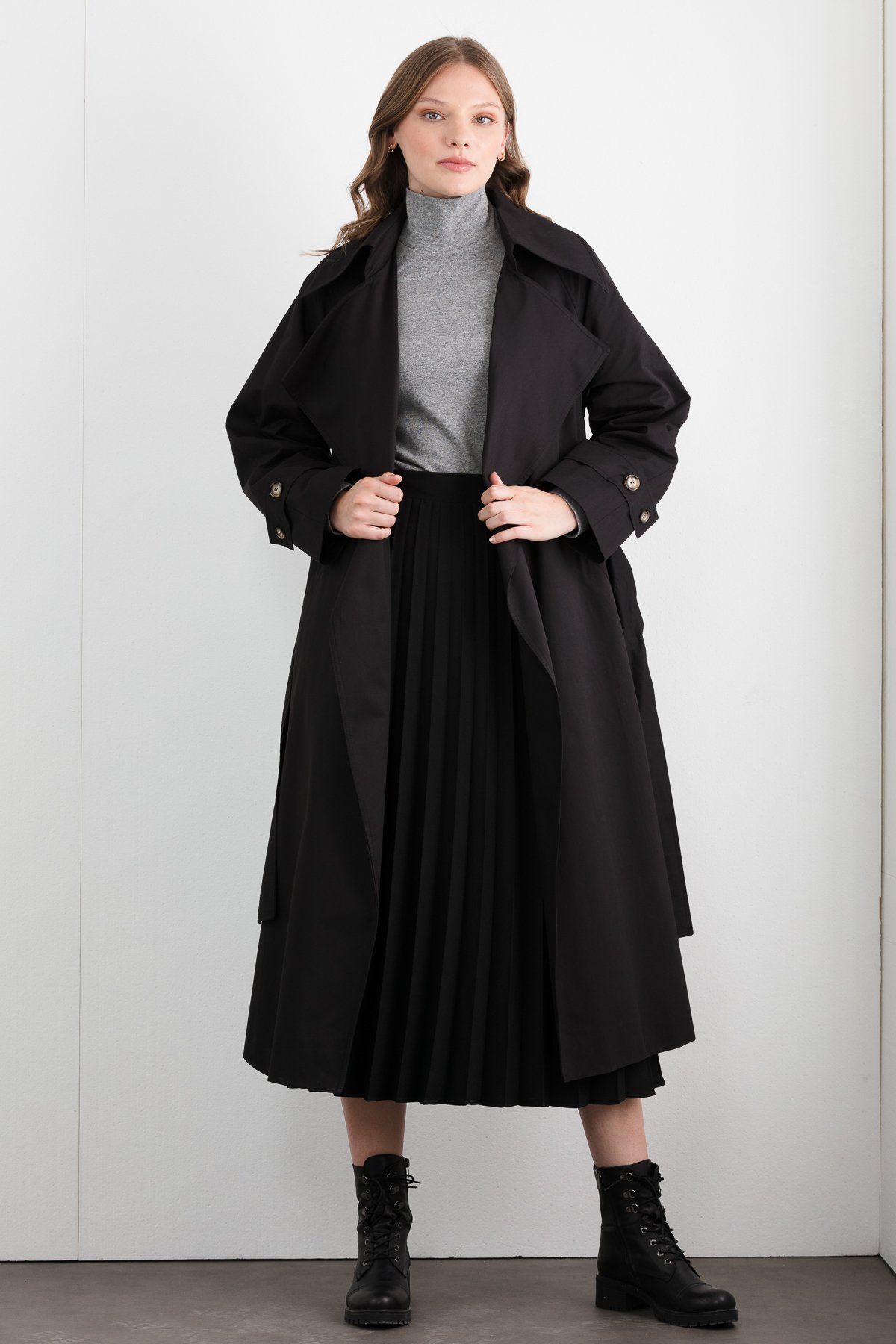 NİHAN Trench Coat Nihan Kuşaklı Trençkot  Siyah_modest