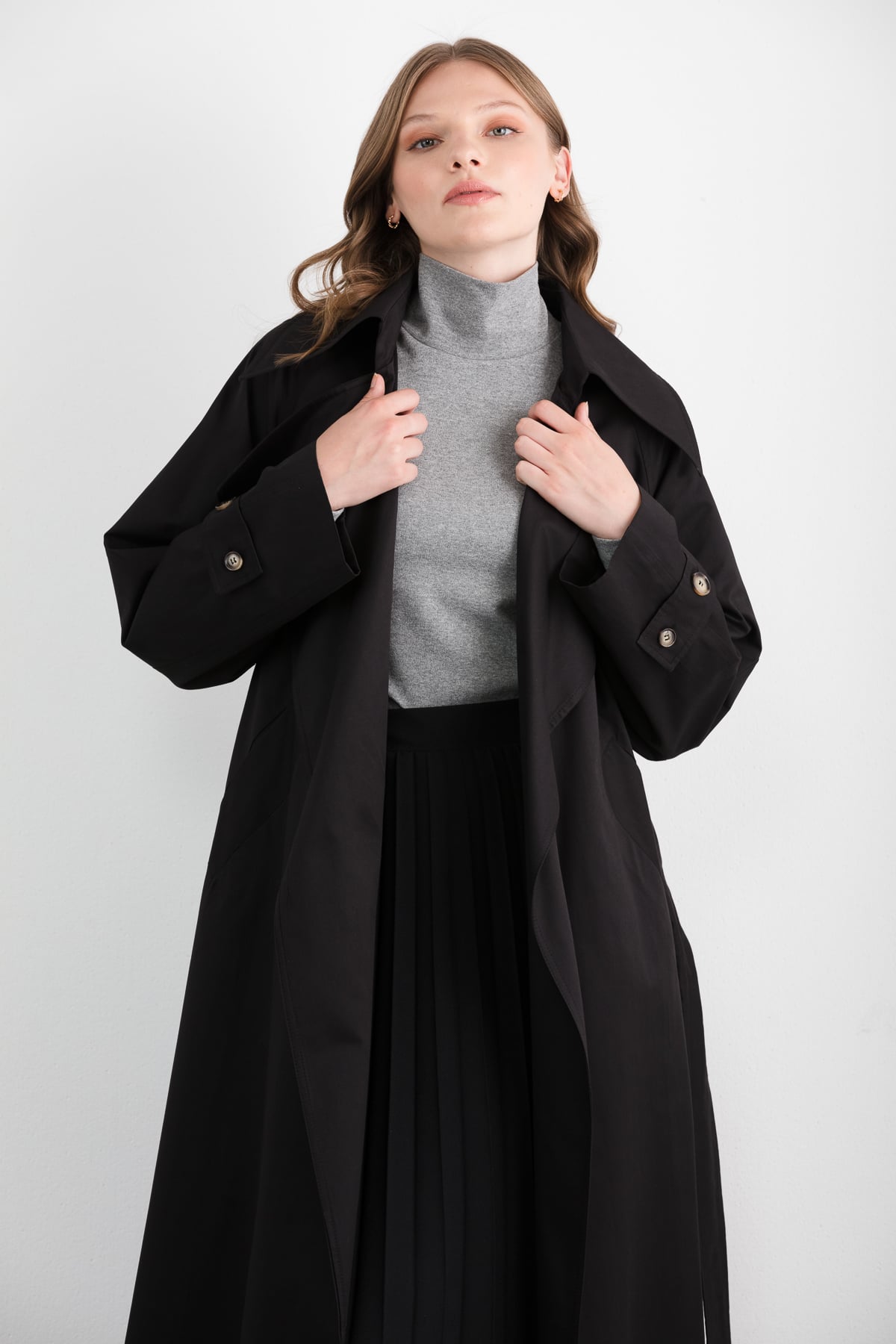 NİHAN Trench Coat Nihan Kuşaklı Trençkot  Siyah_modest