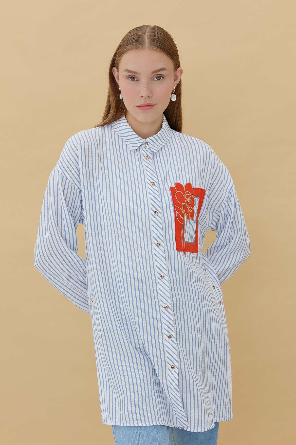 NİHAN Tunic Nihan Nakış Detaylı Kolları Bağlamalı Gömlek Tunik  Mavi_modest