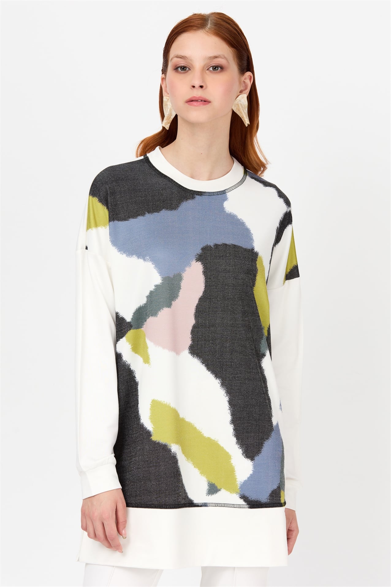 NİHAN Sweat Nihan Önü Desenli Sweat  Siyah - Ekru_modest