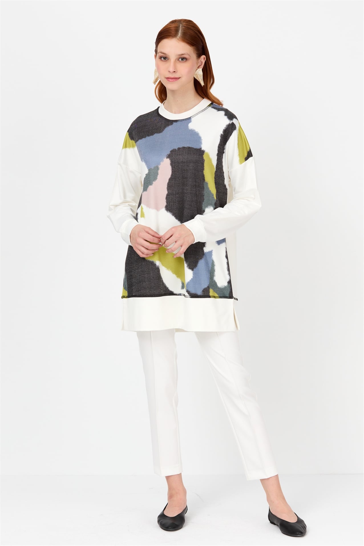 NİHAN Sweat Nihan Önü Desenli Sweat  Siyah - Ekru_modest