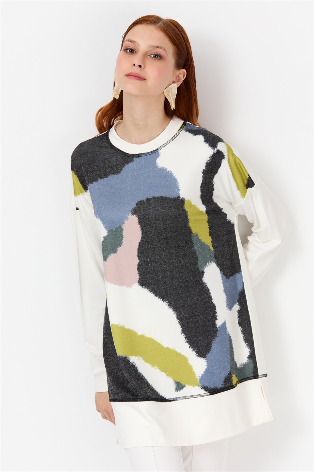 NİHAN Sweat Nihan Önü Desenli Sweat  Siyah - Ekru_modest