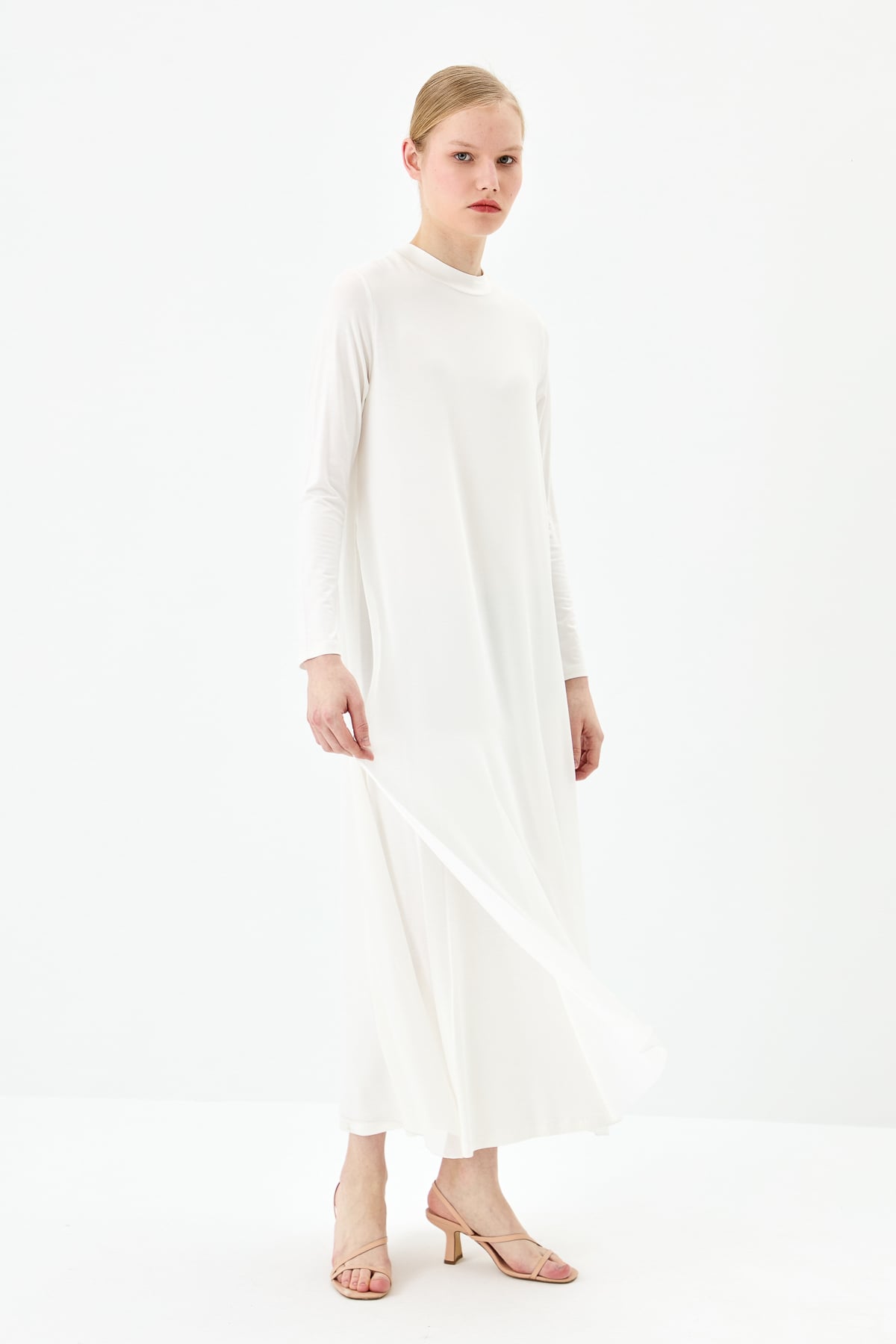 NİHAN Dress Nihan Önü Şifonlu Penye Elbise  Ekru_modest