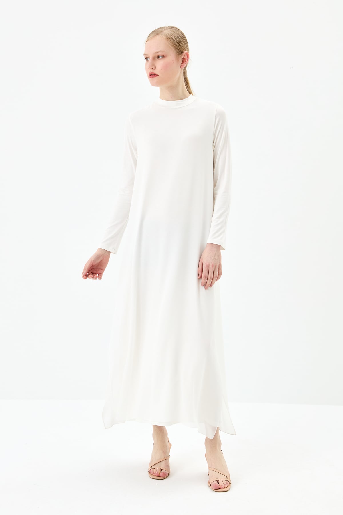 NİHAN Dress Nihan Önü Şifonlu Penye Elbise  Ekru_modest