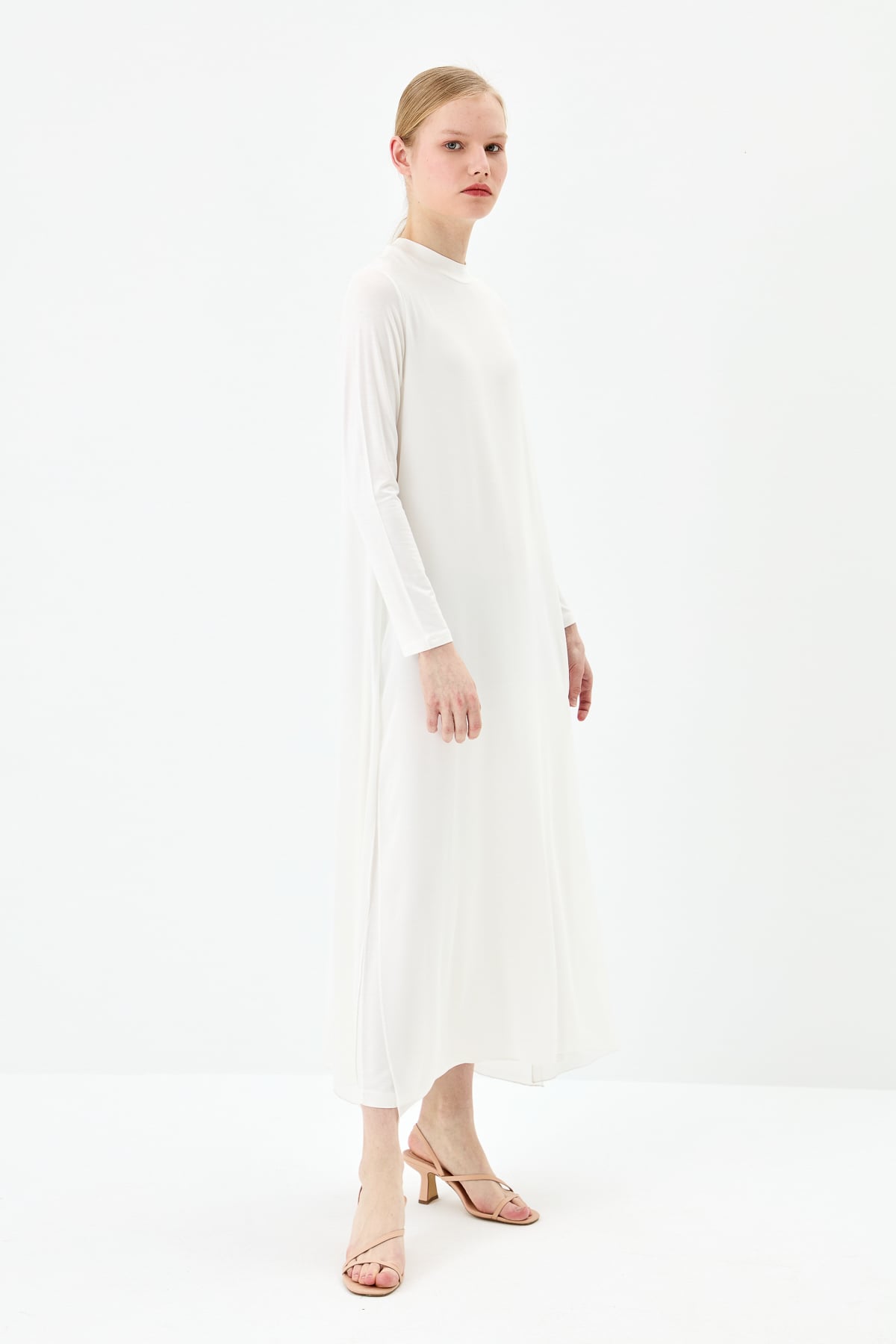 NİHAN Dress Nihan Önü Şifonlu Penye Elbise  Ekru_modest