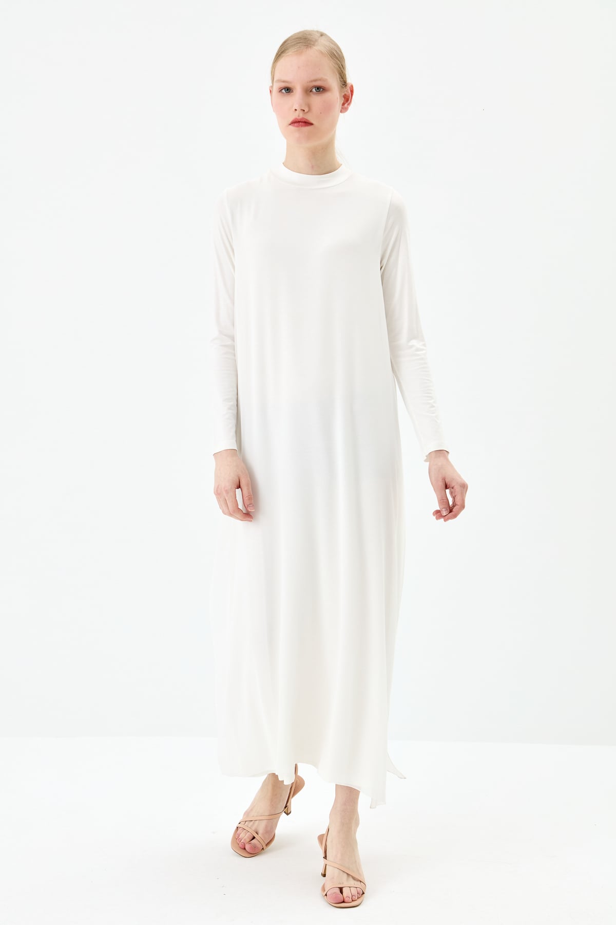 NİHAN Dress Nihan Önü Şifonlu Penye Elbise  Ekru_modest