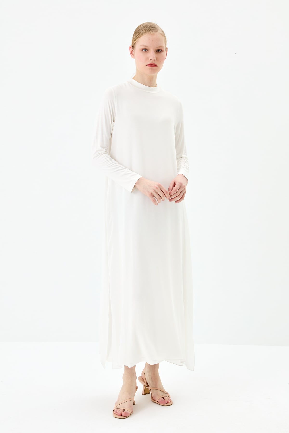 NİHAN Dress Nihan Önü Şifonlu Penye Elbise  Ekru_modest