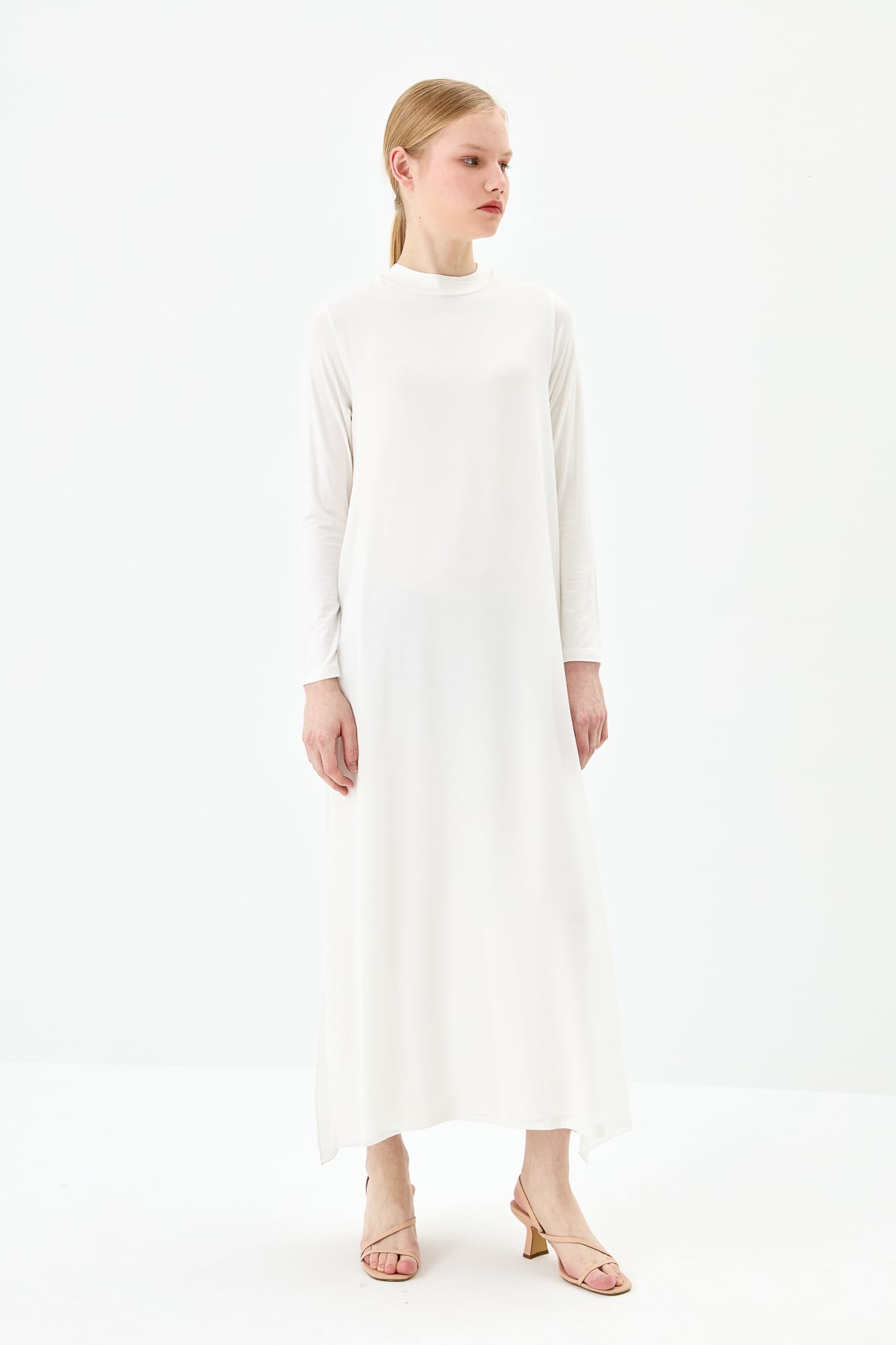 NİHAN Dress Nihan Önü Şifonlu Penye Elbise  Ekru_modest