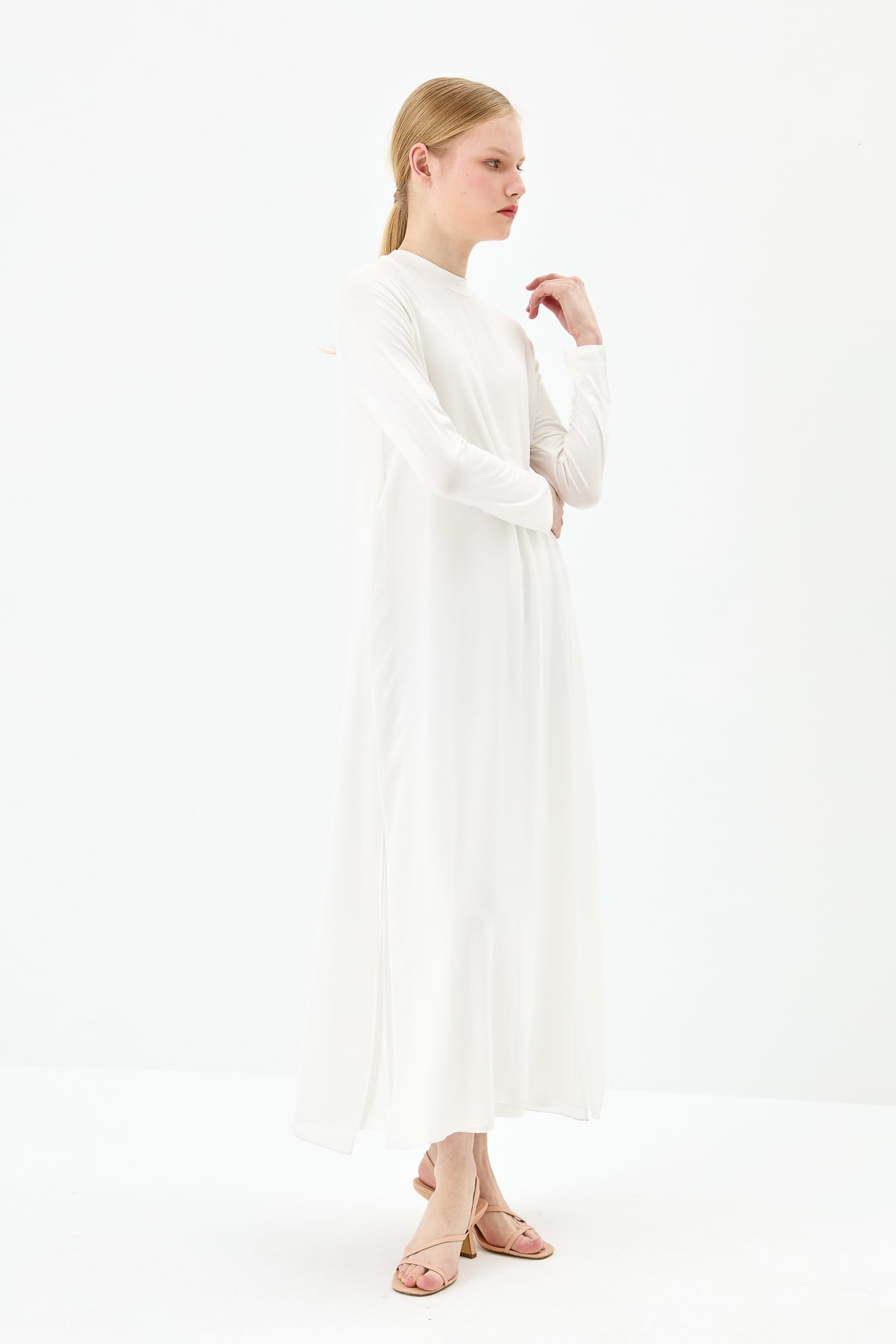 NİHAN Dress Nihan Önü Şifonlu Penye Elbise  Ekru_modest
