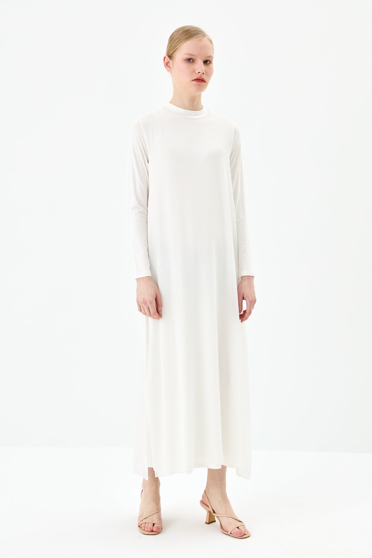 NİHAN Dress Nihan Önü Şifonlu Penye Elbise  Ekru_modest
