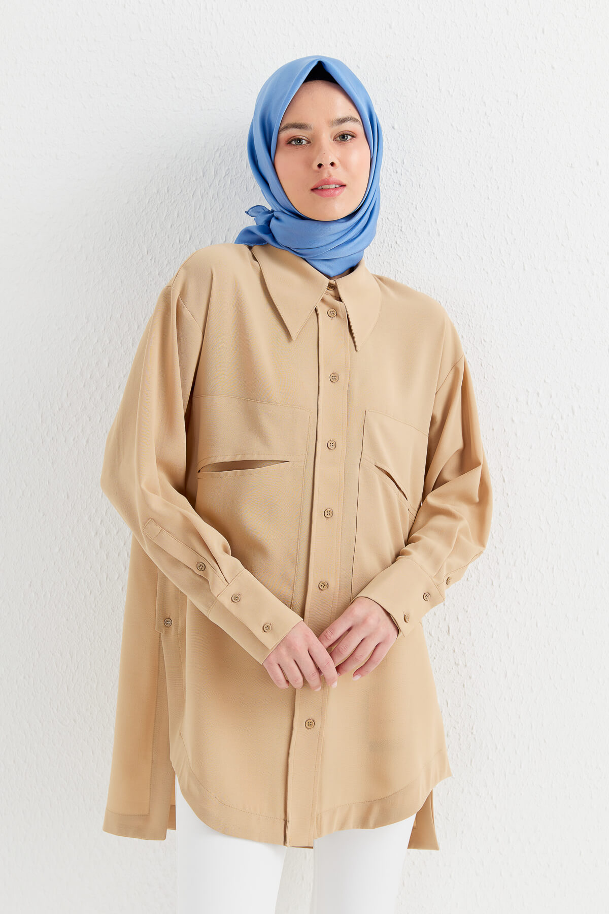 NİHAN Tunik Nihan Oversize Gömlek Yaka Tunik  Bej_modest