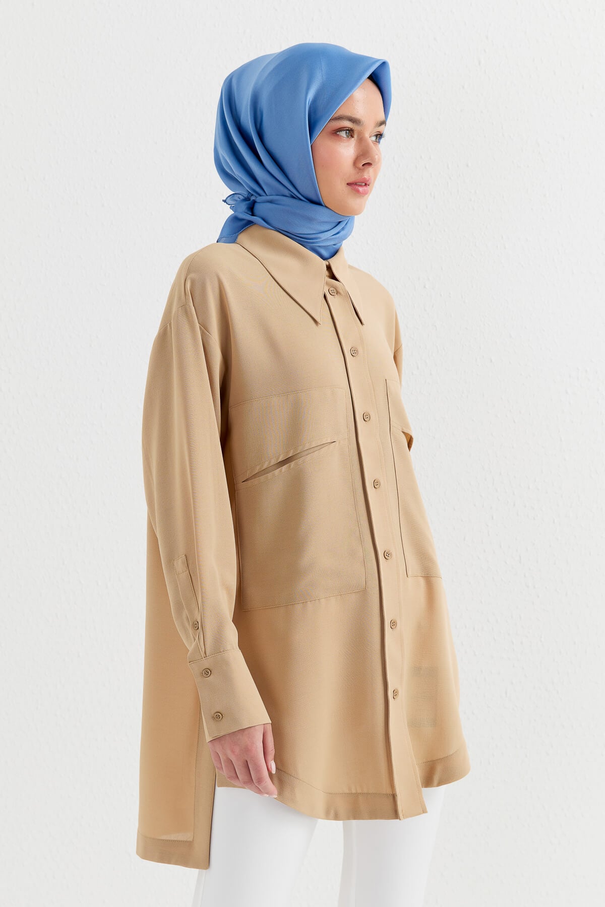 NİHAN Tunik Nihan Oversize Gömlek Yaka Tunik  Bej_modest