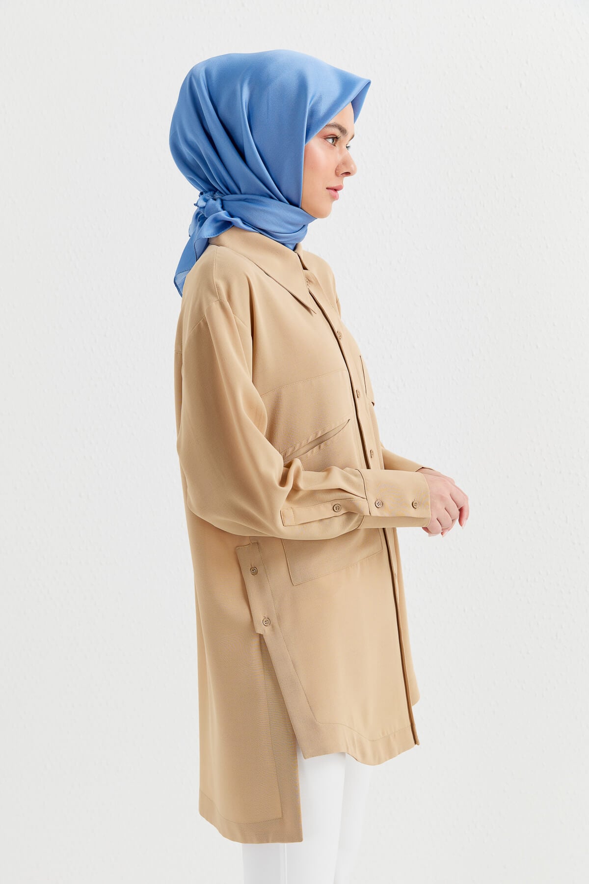 NİHAN Tunik Nihan Oversize Gömlek Yaka Tunik  Bej_modest