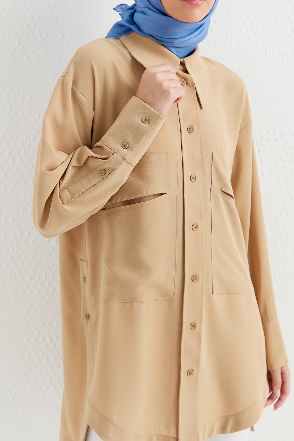 NİHAN Tunik Nihan Oversize Gömlek Yaka Tunik  Bej_modest