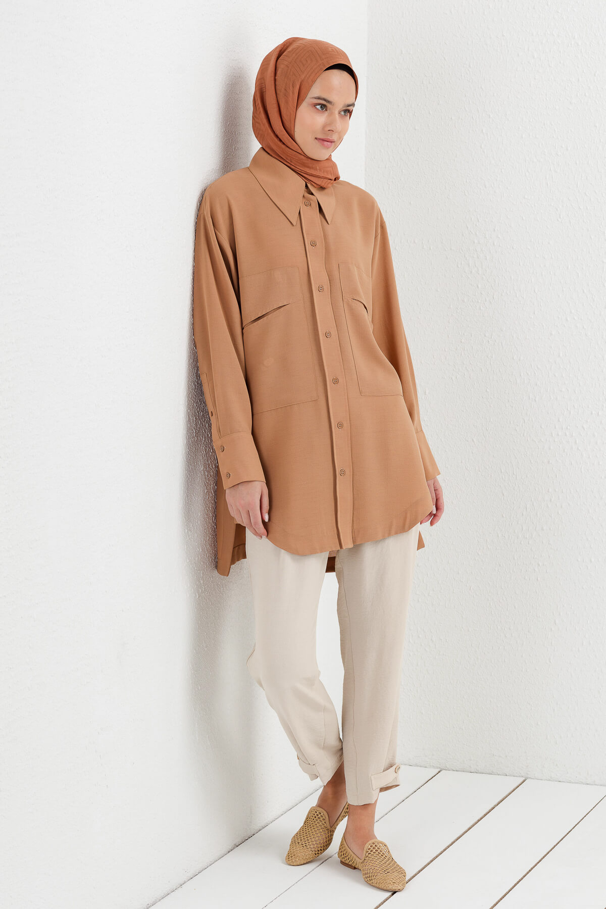 NİHAN Tunik Nihan Oversize Gömlek Yaka Tunik  Camel_modest