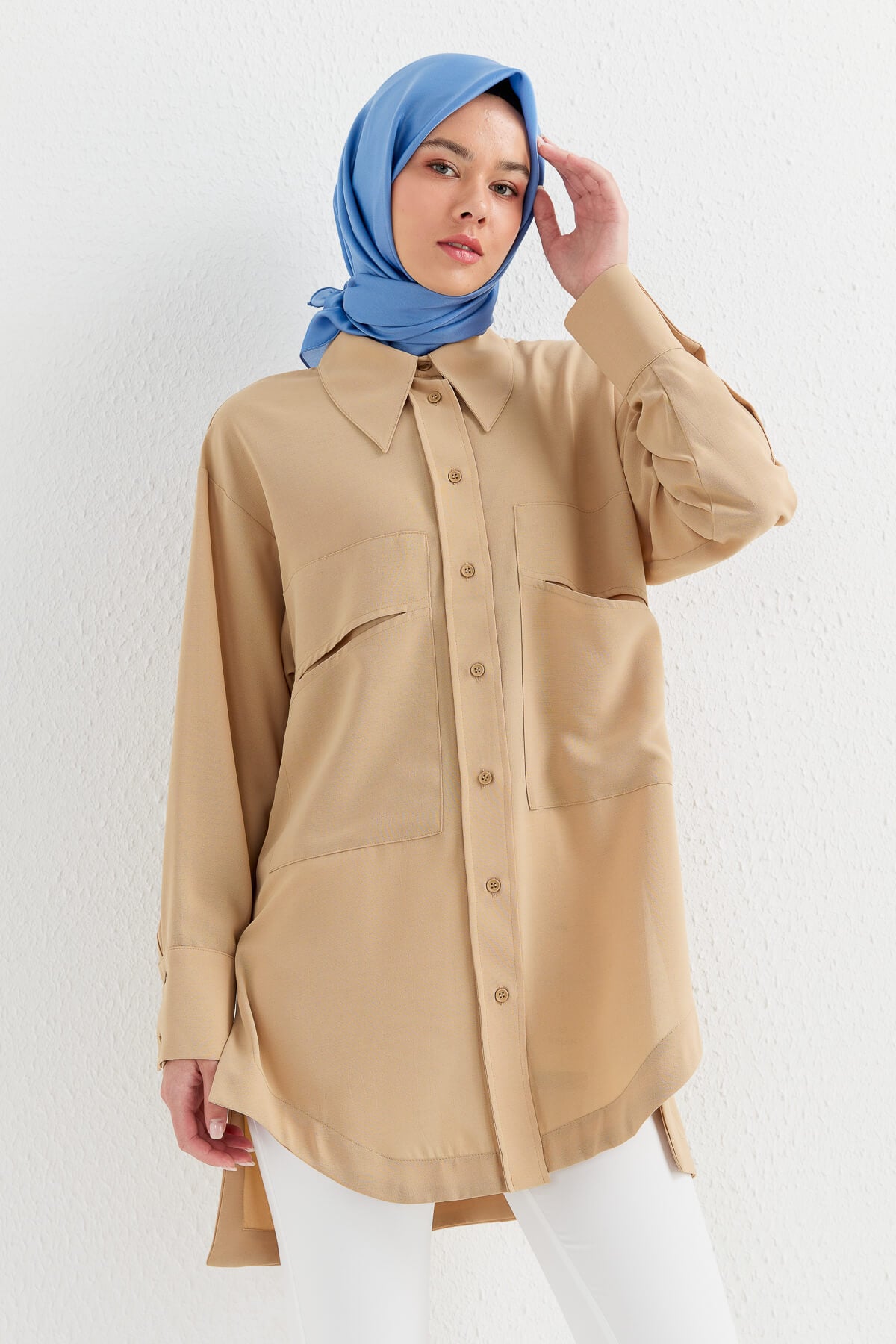 NİHAN Tunik Nihan Oversize Gömlek Yaka Tunik  Bej_modest