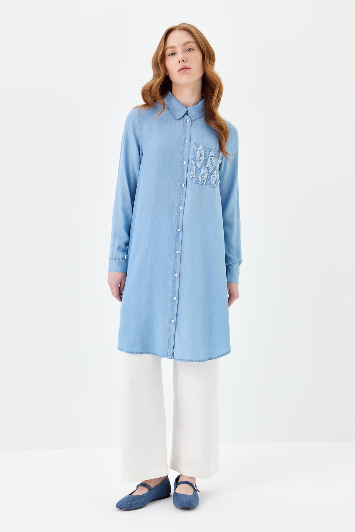 NİHAN Tunik Nihan Özel Nakış Detaylı Tencel Tunik  Buz_modest