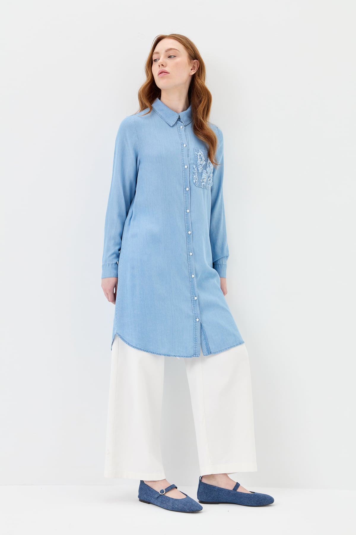 NİHAN Tunik Nihan Özel Nakış Detaylı Tencel Tunik  Buz_modest
