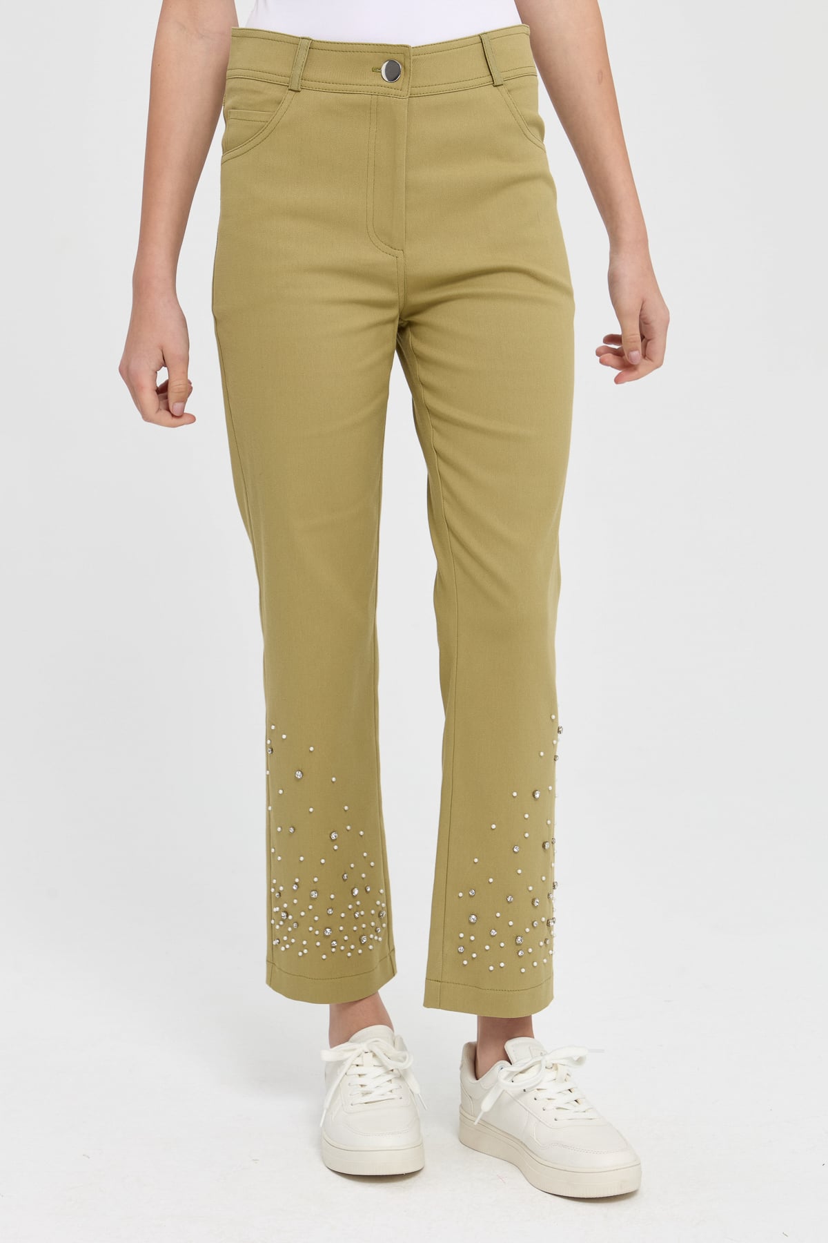 NİHAN Pants Nihan Paçası Taşlı Kanvas Pantolon  Olive_modest