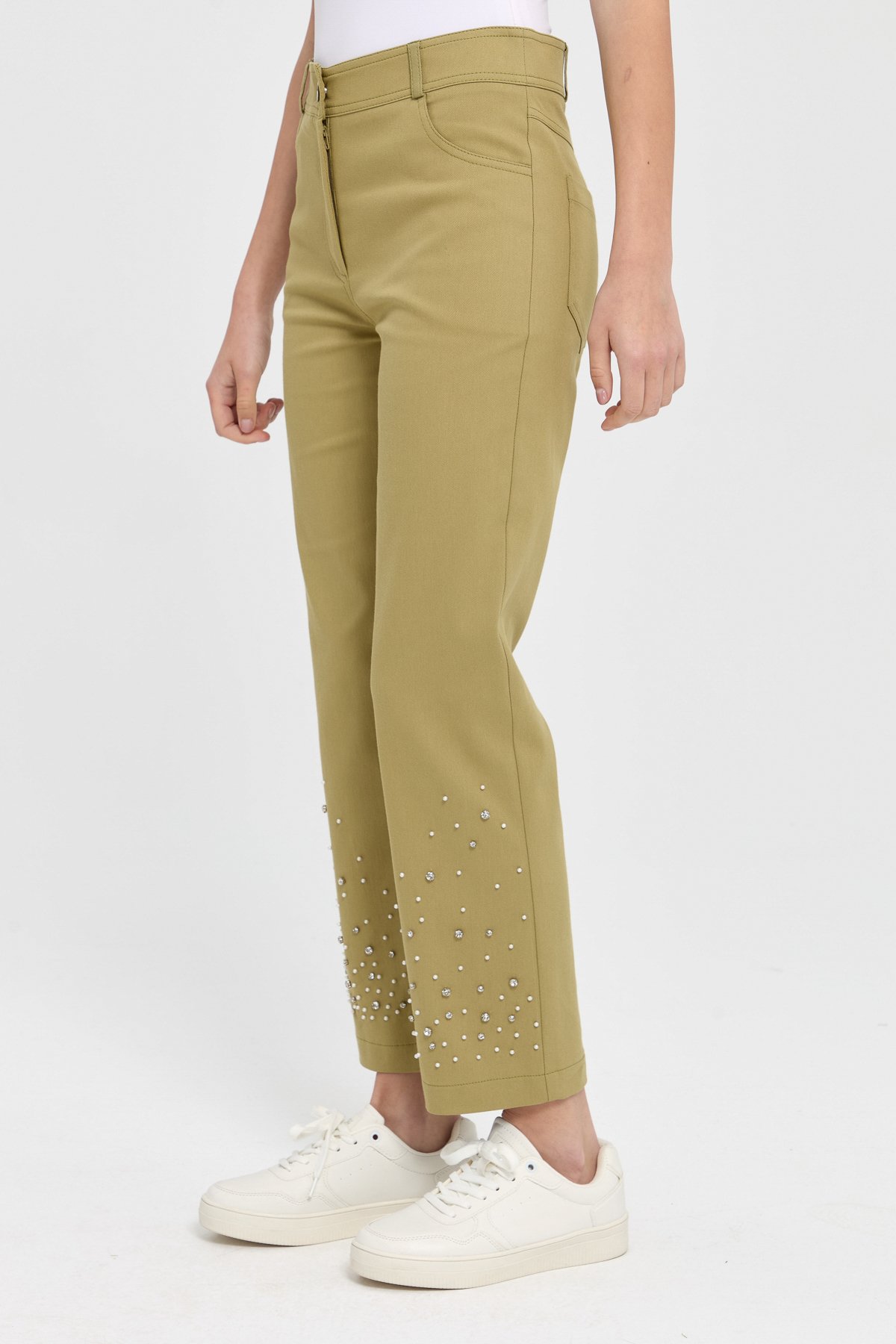 NİHAN Pants Nihan Paçası Taşlı Kanvas Pantolon  Olive_modest