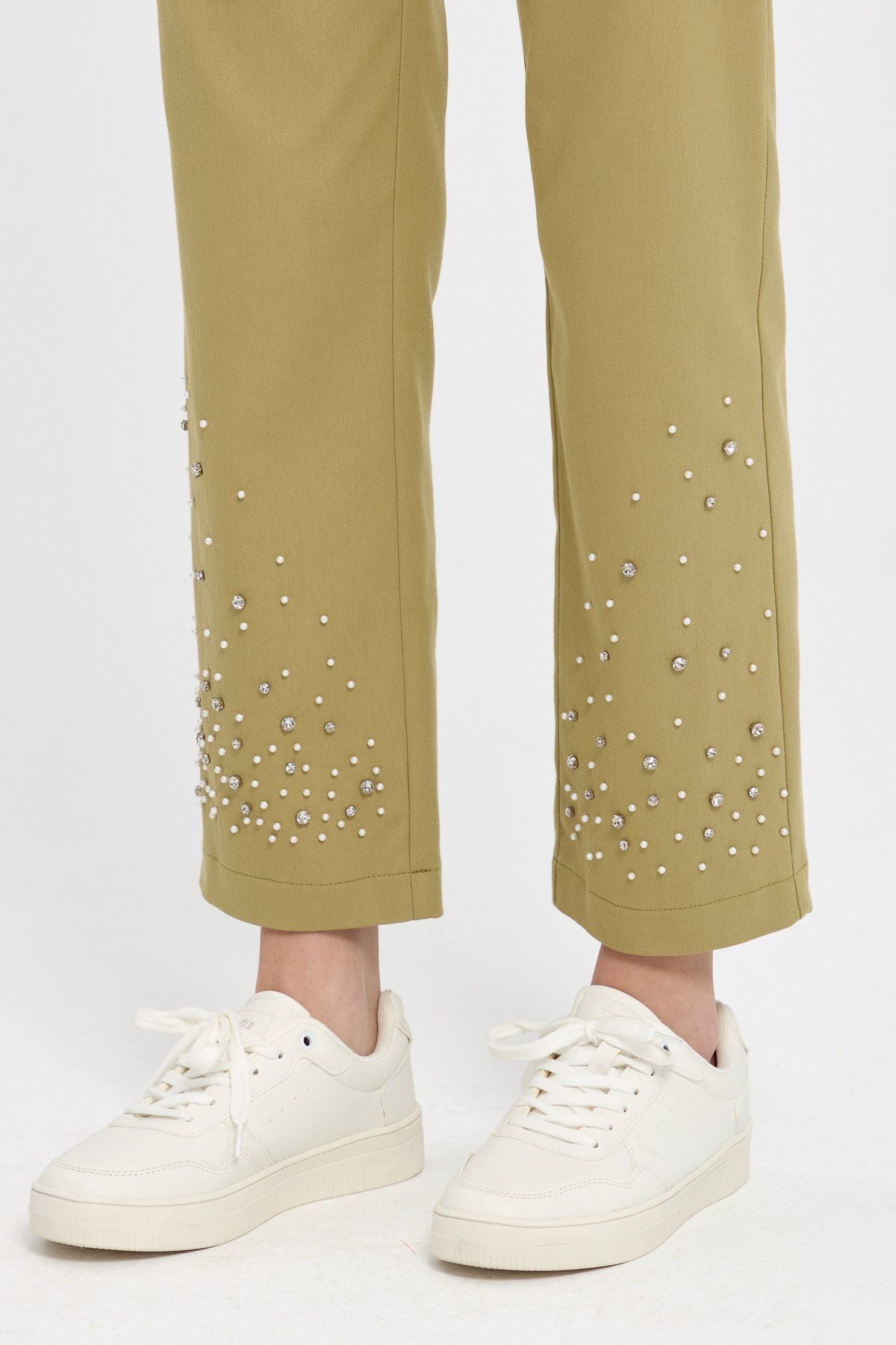 NİHAN Pants Nihan Paçası Taşlı Kanvas Pantolon  Olive_modest