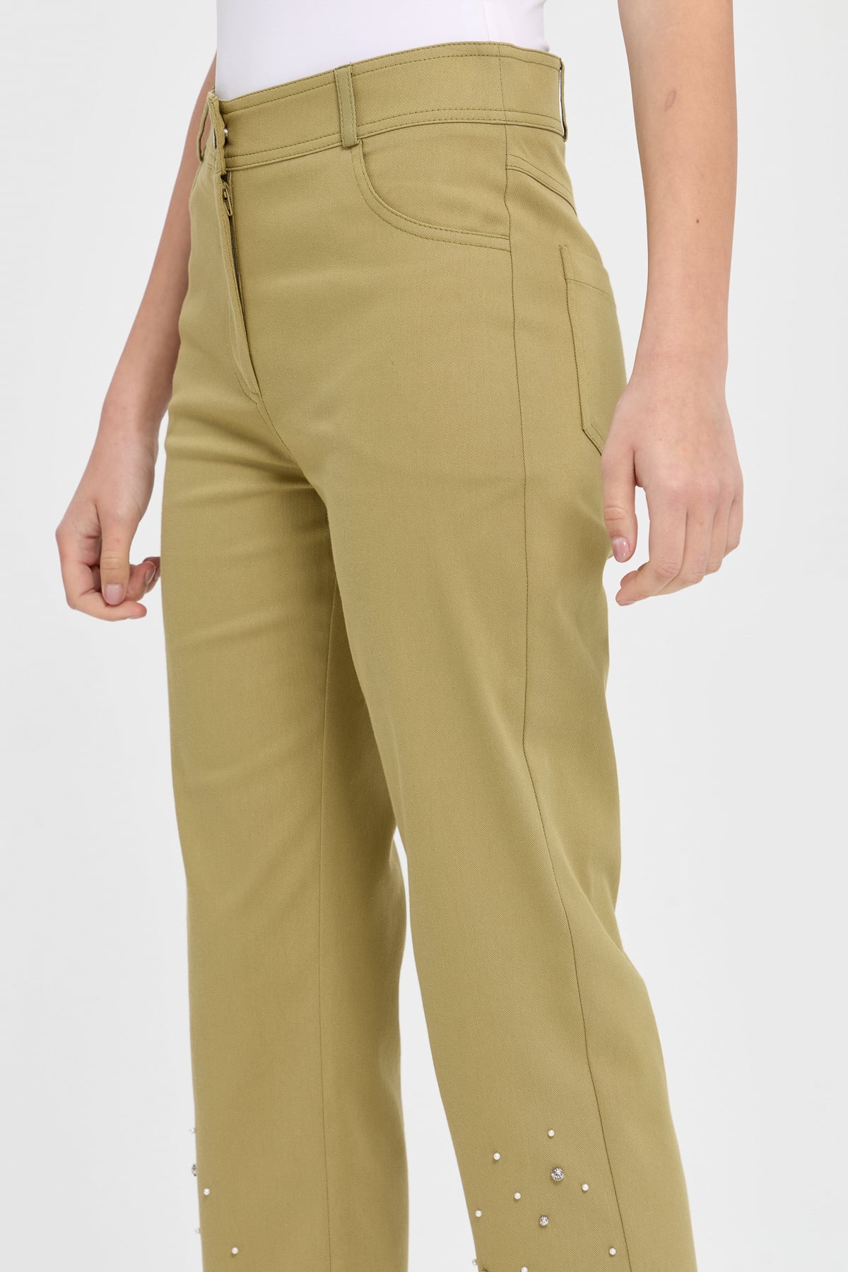 NİHAN Pants Nihan Paçası Taşlı Kanvas Pantolon  Olive_modest