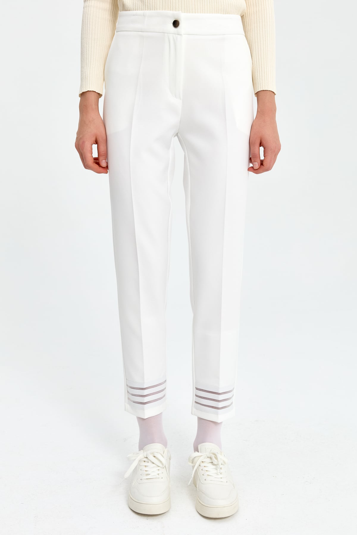 NİHAN Pants Nihan Paçası Tül Detaylı Bilek Boy Pantolon  Ekru_modest