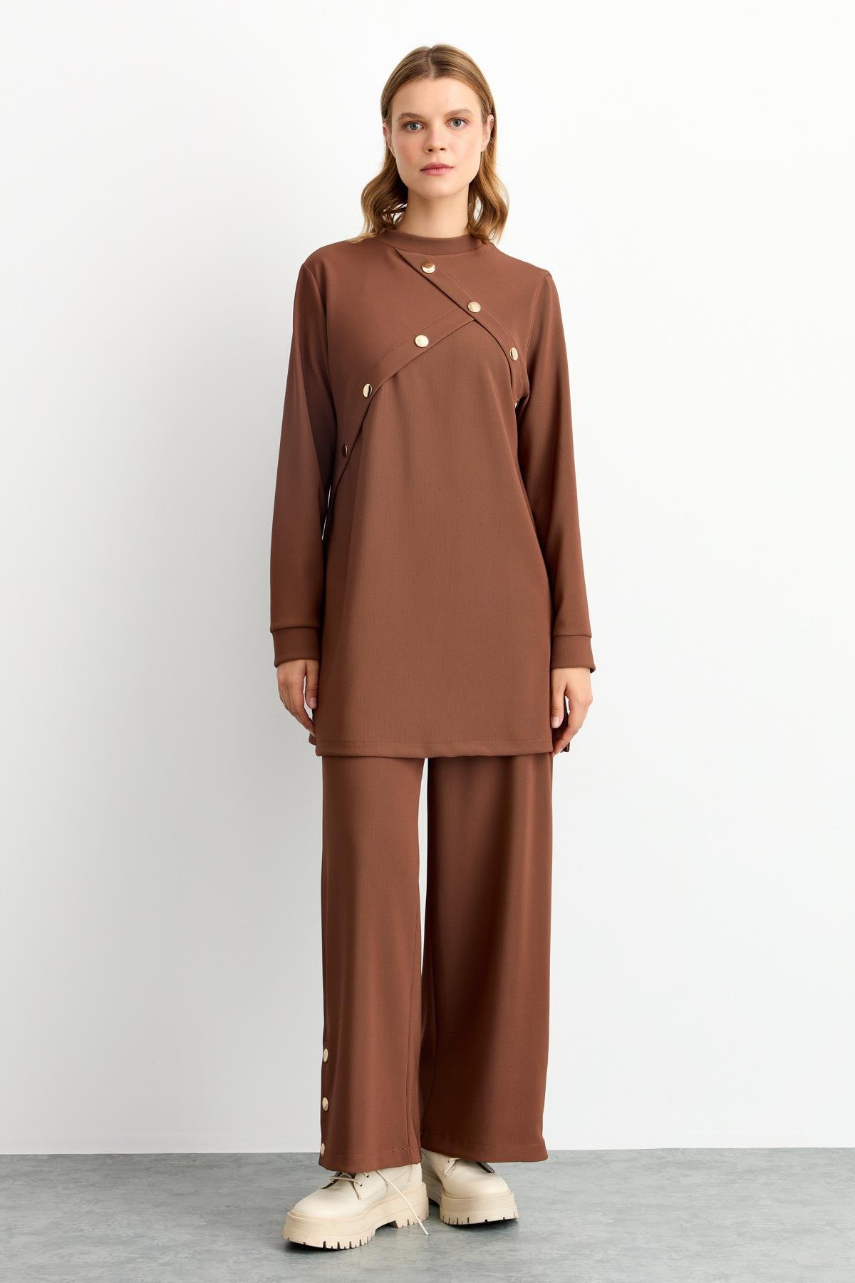 NİHAN Suits Nihan Pantolon Tunik Takım  Kahve_modest