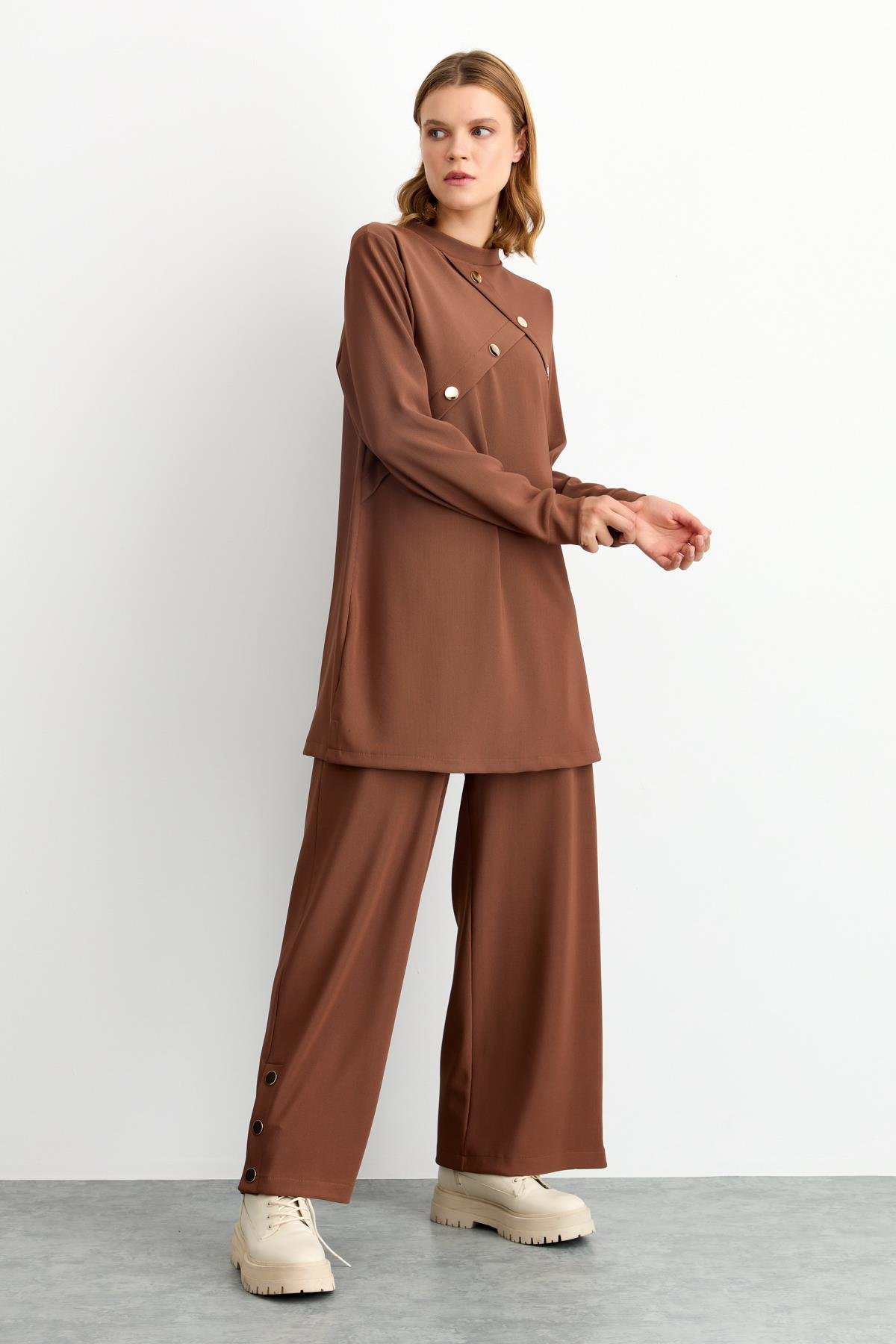 NİHAN Suits Nihan Pantolon Tunik Takım  Kahve_modest