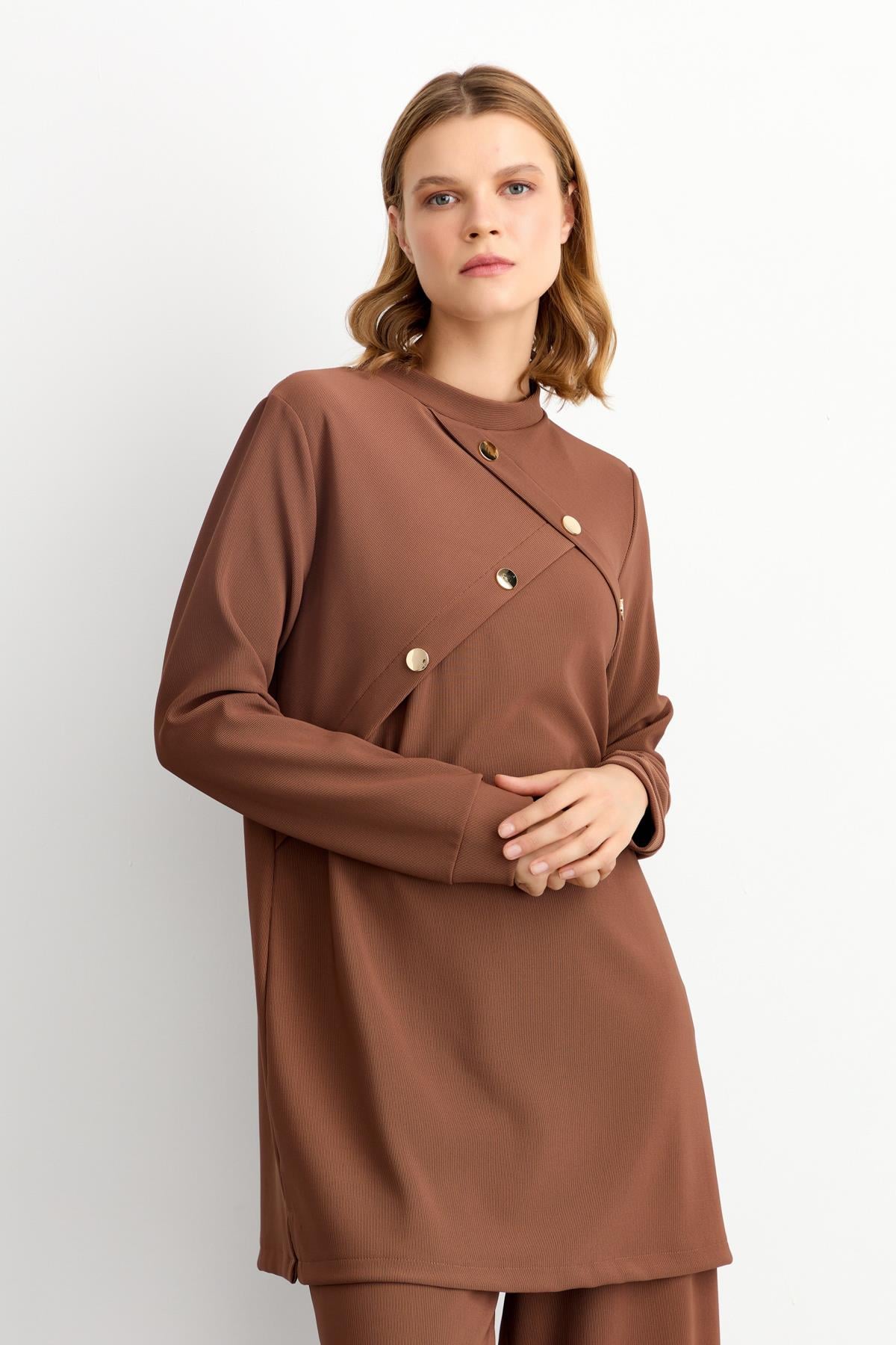 NİHAN Suits Nihan Pantolon Tunik Takım  Kahve_modest