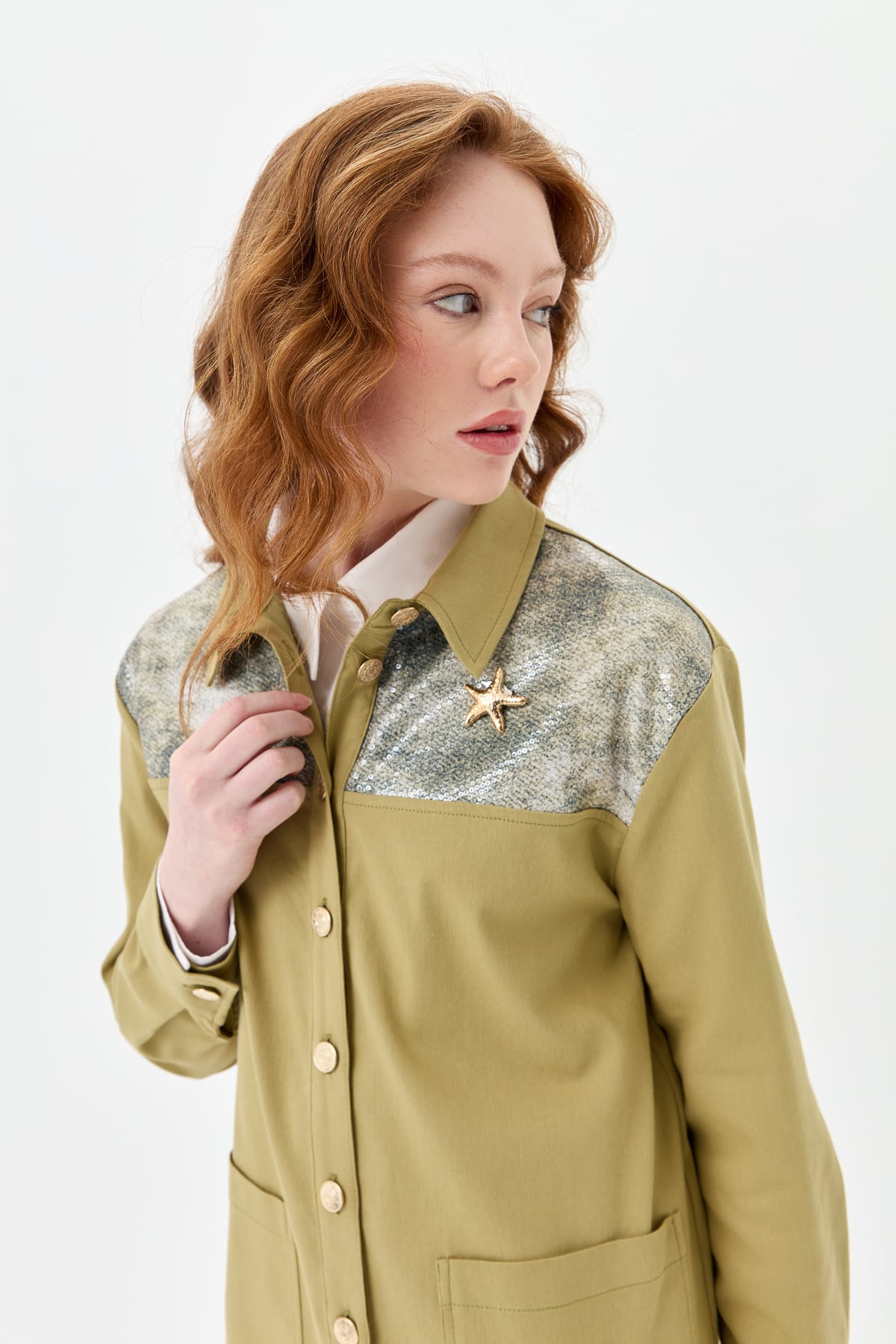 NİHAN Jacket Nihan Payet Detaylı Kanvas Ceket  Olive_modest