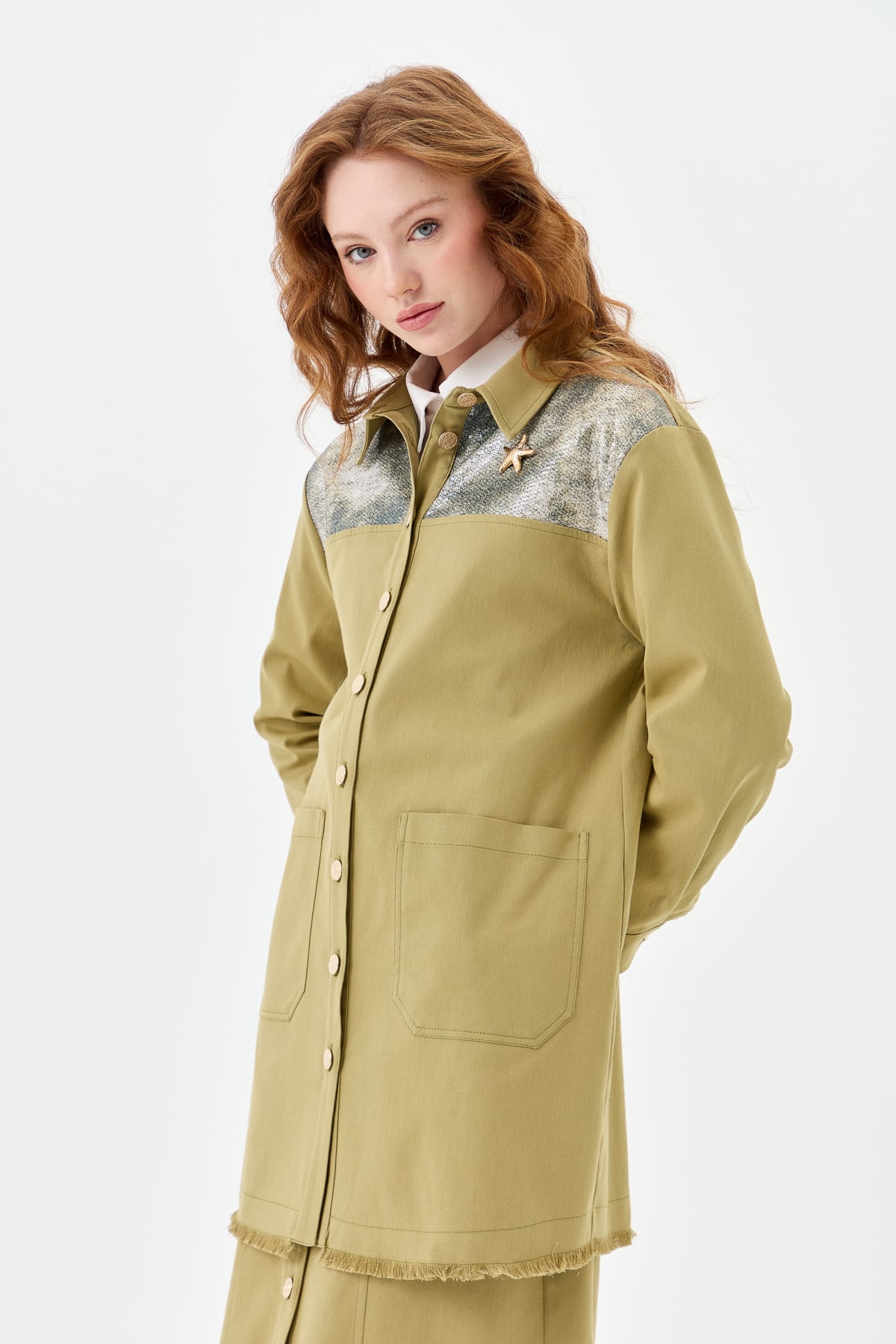 NİHAN Jacket Nihan Payet Detaylı Kanvas Ceket  Olive_modest
