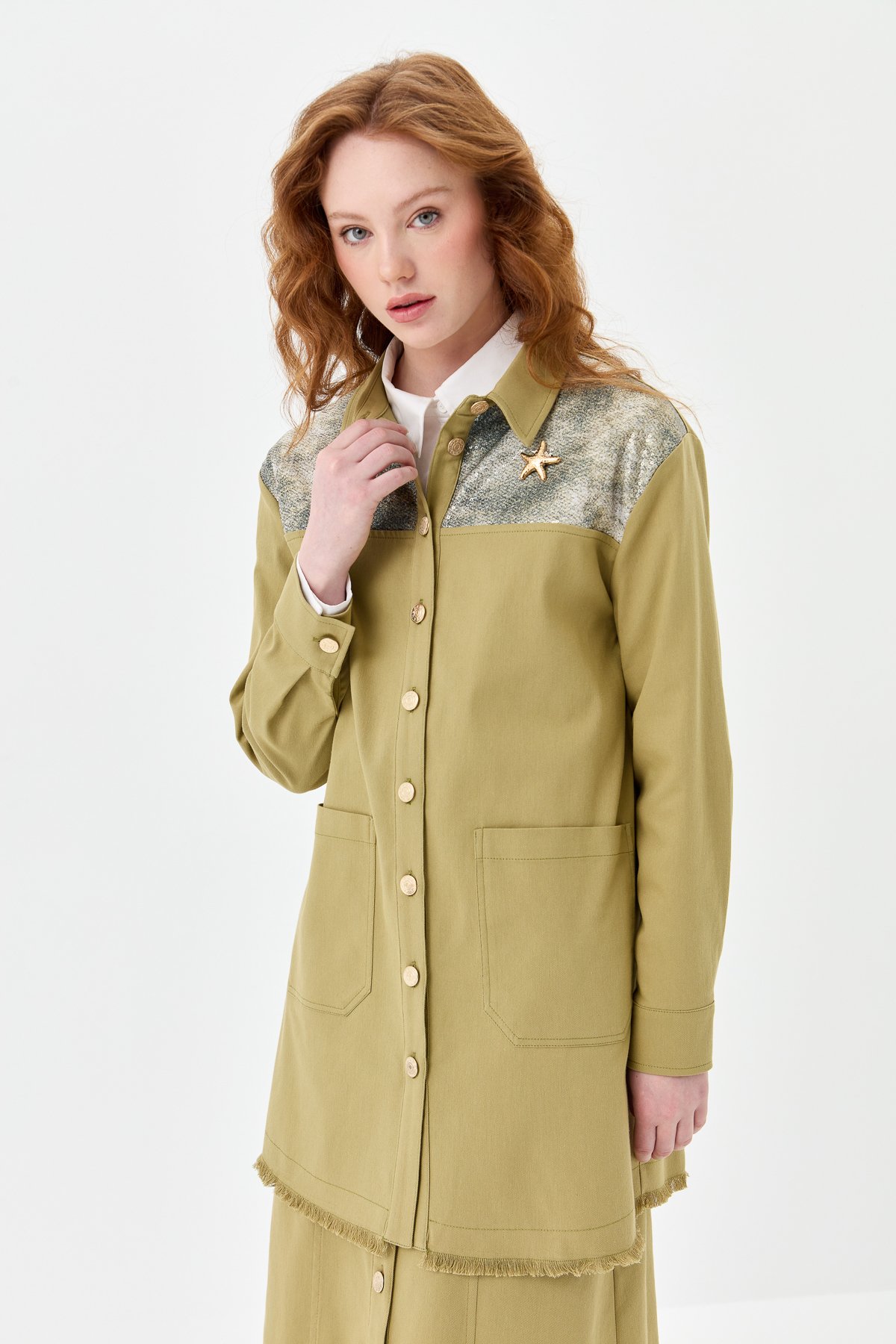 NİHAN Jacket Nihan Payet Detaylı Kanvas Ceket  Olive_modest