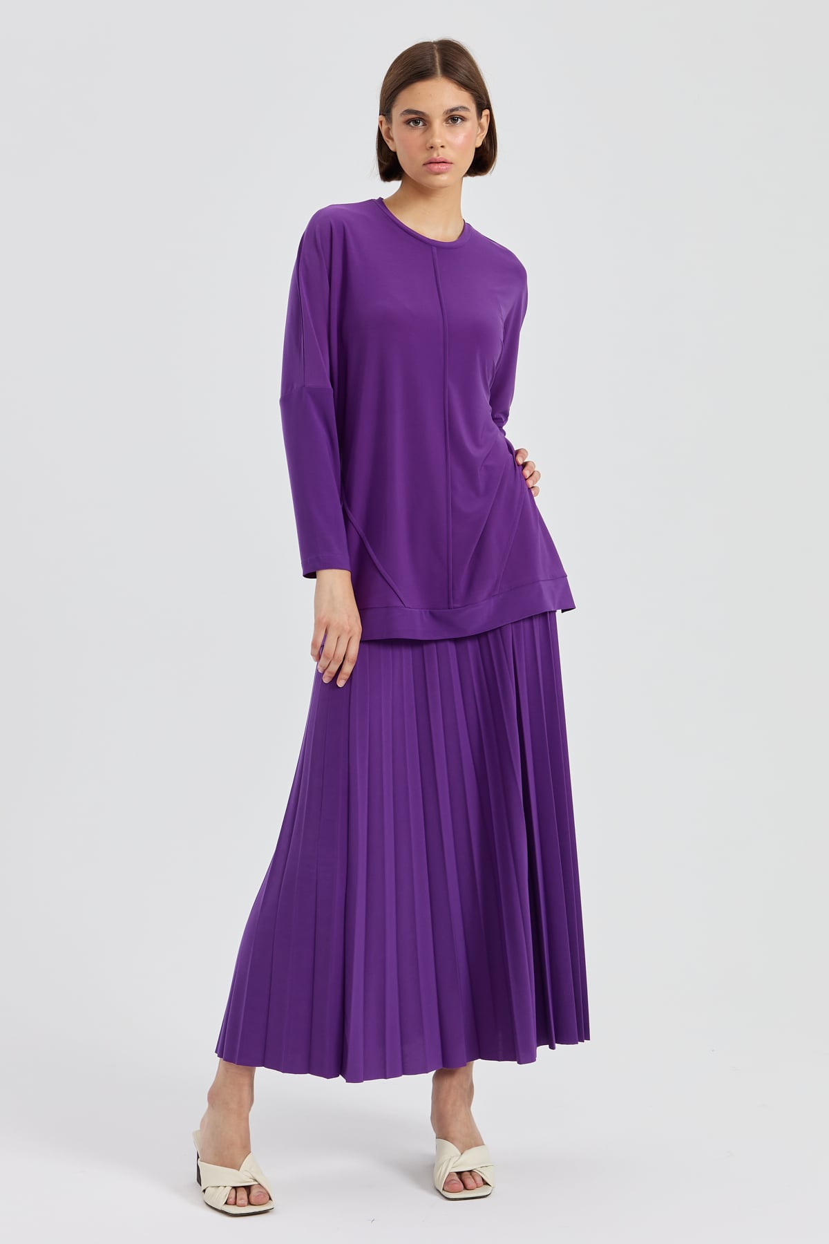 NİHAN Takım Nihan Piliseli Etek Tunik Takım  Mor_modest