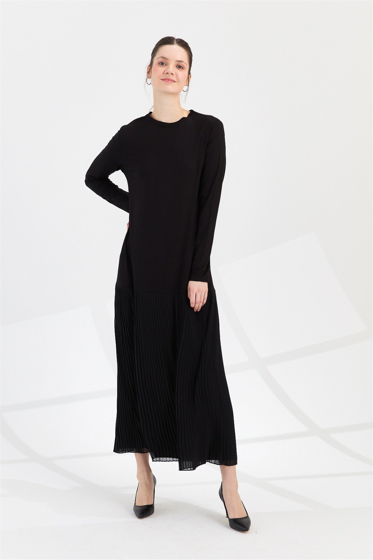 NİHAN Elbise Nihan Piliseli Penye Elbise  Siyah_modest