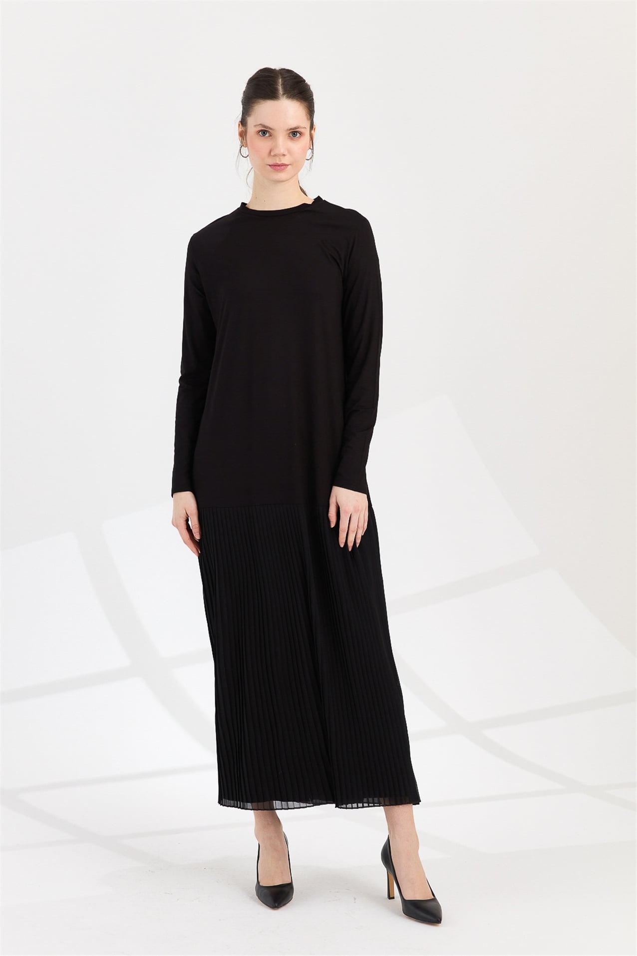 NİHAN Elbise Nihan Piliseli Penye Elbise  Siyah_modest