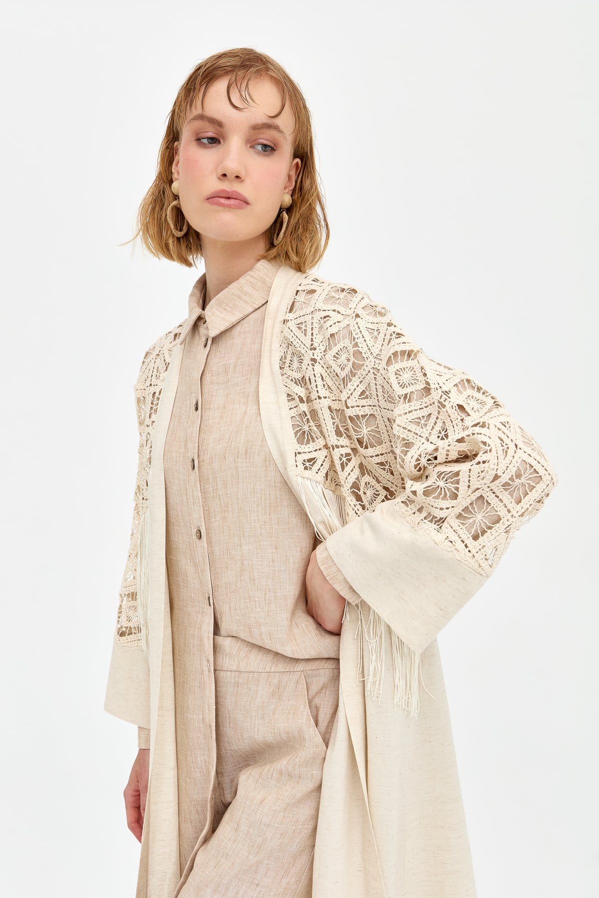 NİHAN Kimono Nihan Püsküllü Dantel Kimono  Bej_modest