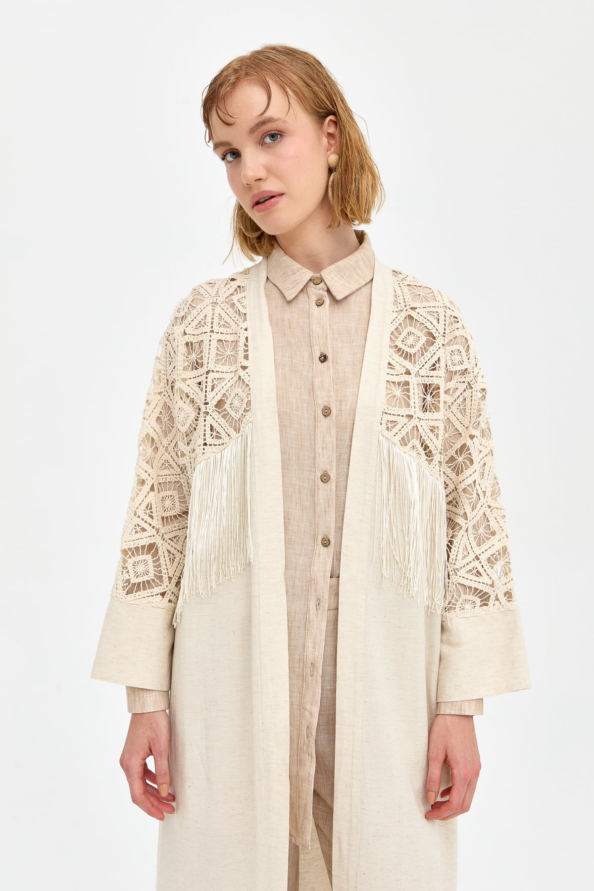 NİHAN Kimono Nihan Püsküllü Dantel Kimono  Bej_modest